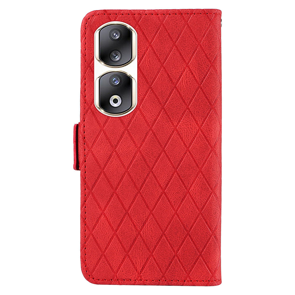 For Honor 90 Pro Rhombus Imprinted Cover Splicing Leather Stand Wallet Phone Case