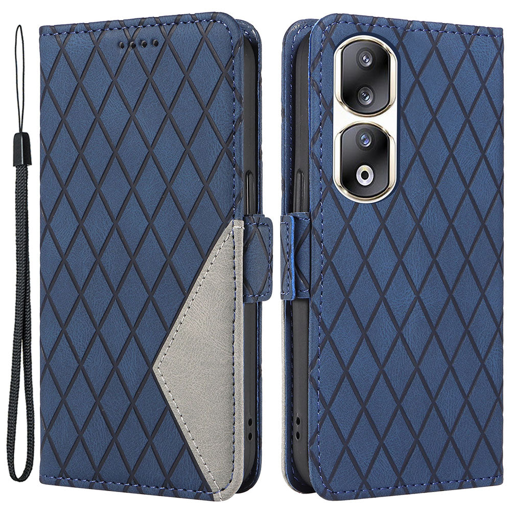 For Honor 90 Pro Rhombus Imprinted Cover Splicing Leather Stand Wallet Phone Case