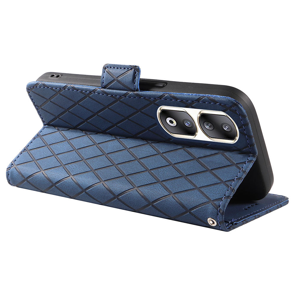 For Honor 90 Pro Rhombus Imprinted Cover Splicing Leather Stand Wallet Phone Case