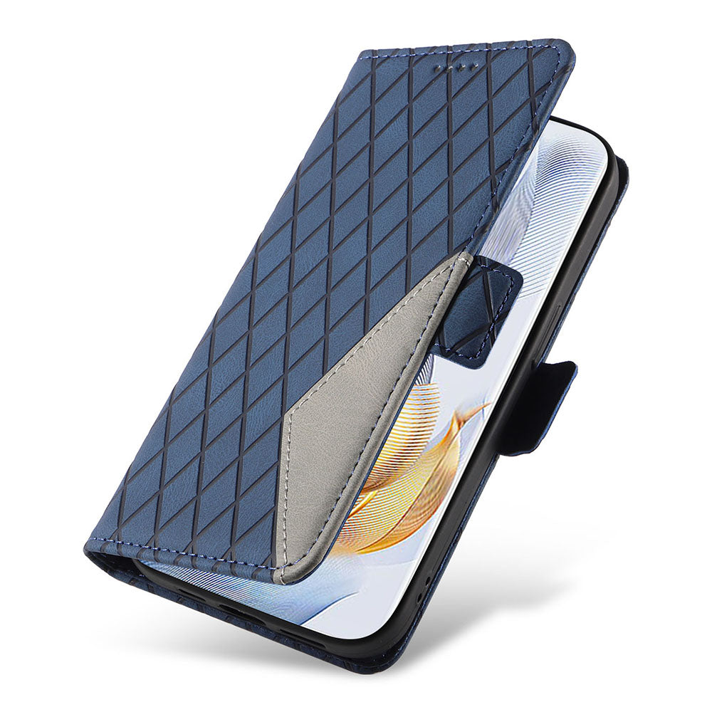 For Honor 90 Pro Rhombus Imprinted Cover Splicing Leather Stand Wallet Phone Case