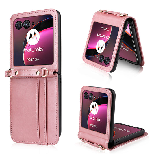 For Motorola Razr 40 Ultra 5G Hard PC + PU Leather Cover One-piece Design Card Slots Phone Case with Lanyard