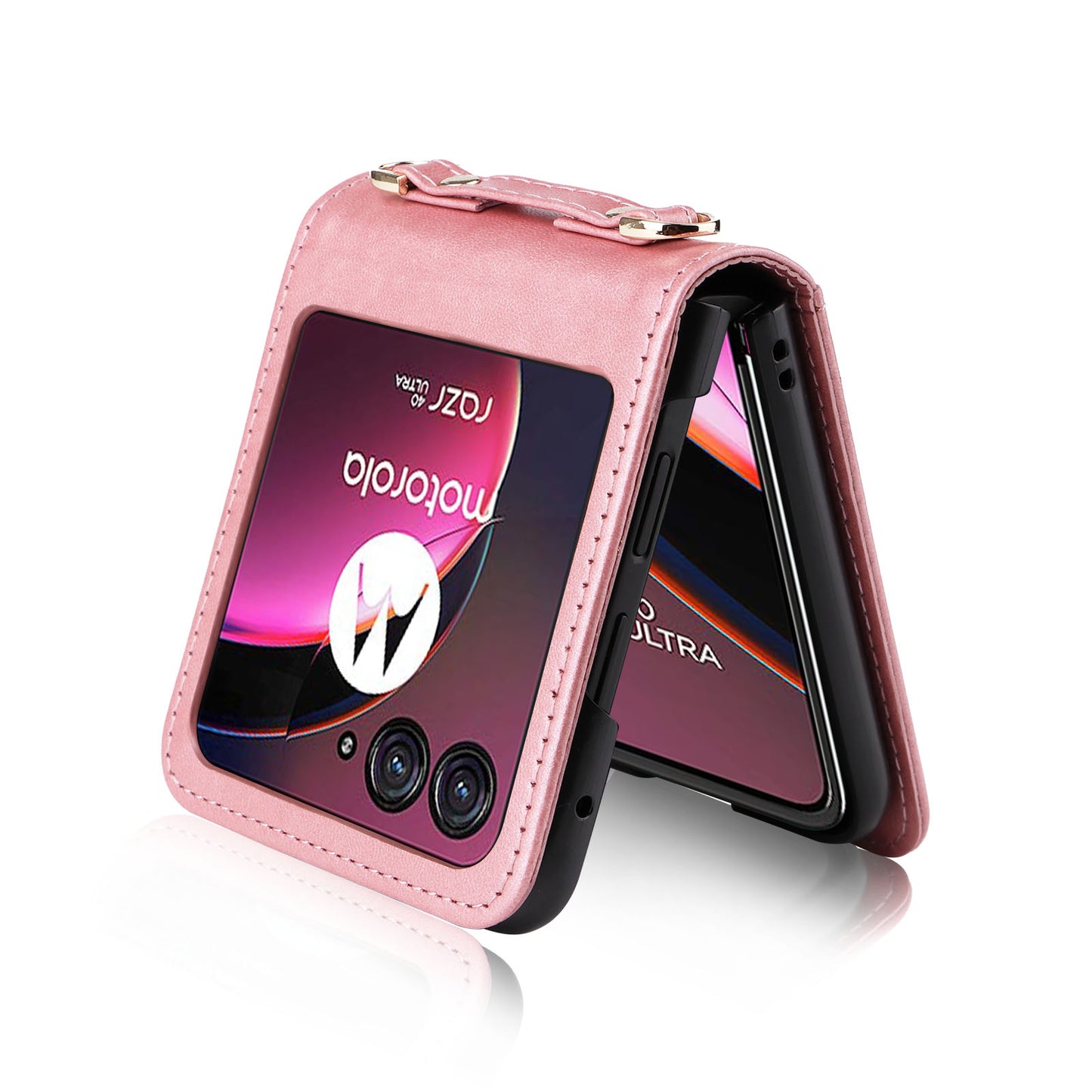 For Motorola Razr 40 Ultra 5G Hard PC + PU Leather Cover One-piece Design Card Slots Phone Case with Lanyard