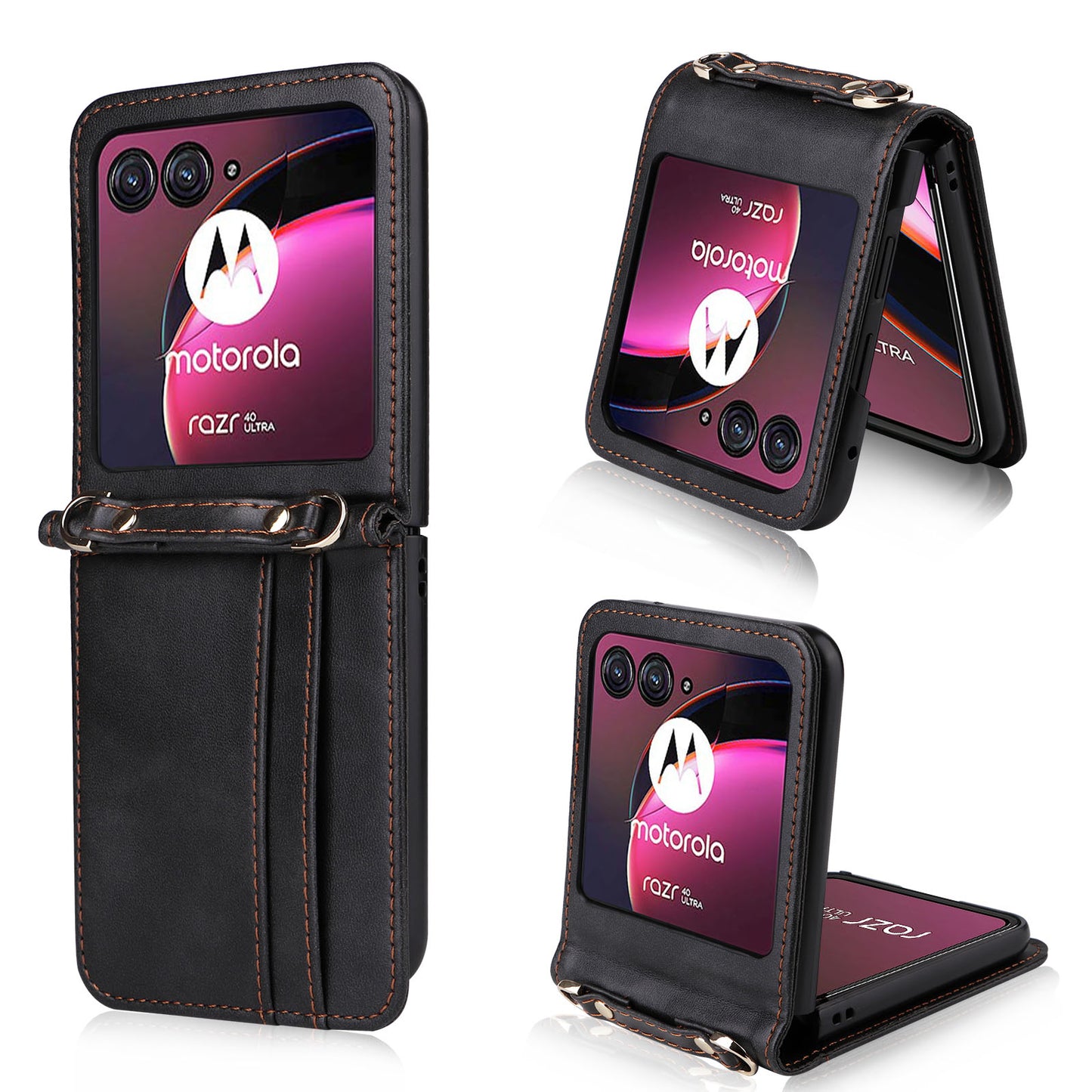 For Motorola Razr 40 Ultra 5G Hard PC + PU Leather Cover One-piece Design Card Slots Phone Case with Lanyard