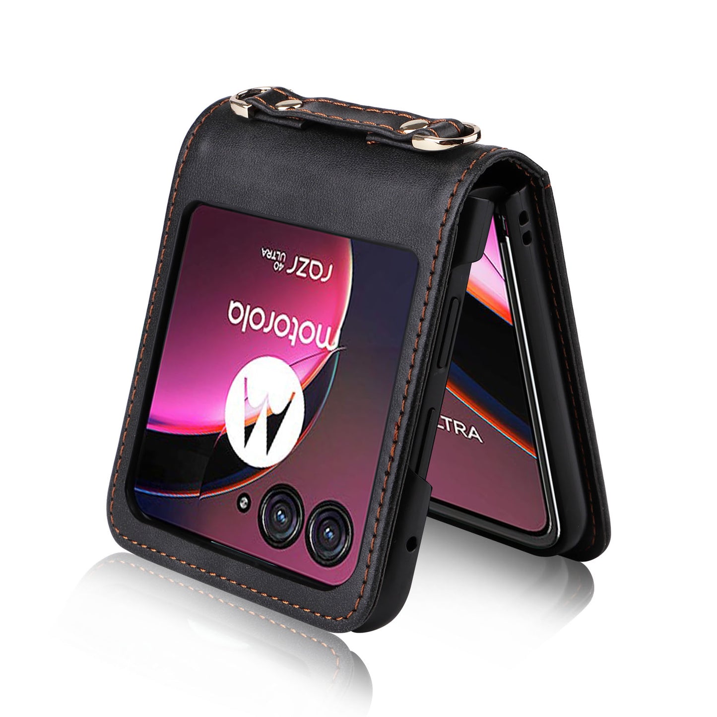 For Motorola Razr 40 Ultra 5G Hard PC + PU Leather Cover One-piece Design Card Slots Phone Case with Lanyard