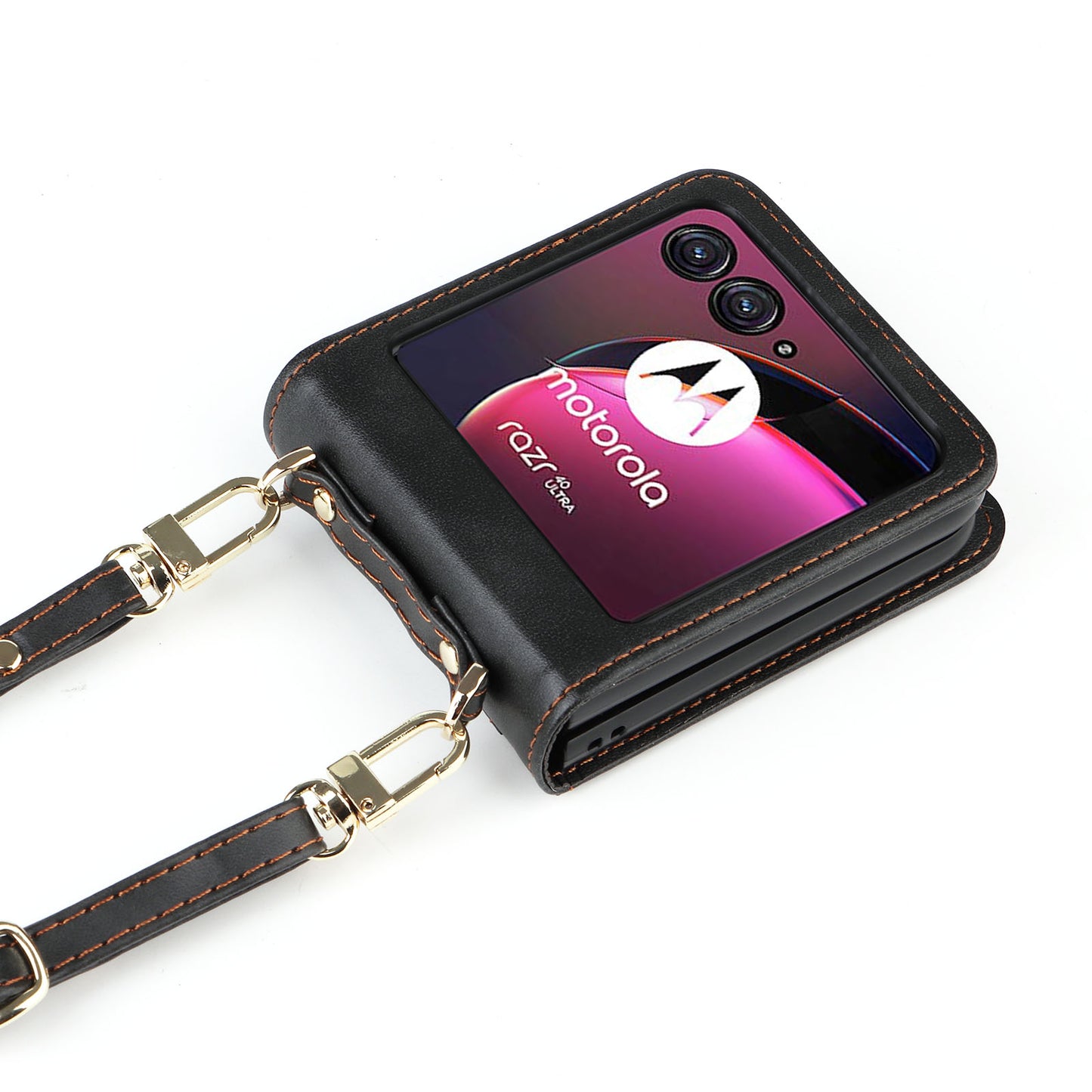 For Motorola Razr 40 Ultra 5G Hard PC + PU Leather Cover One-piece Design Card Slots Phone Case with Lanyard
