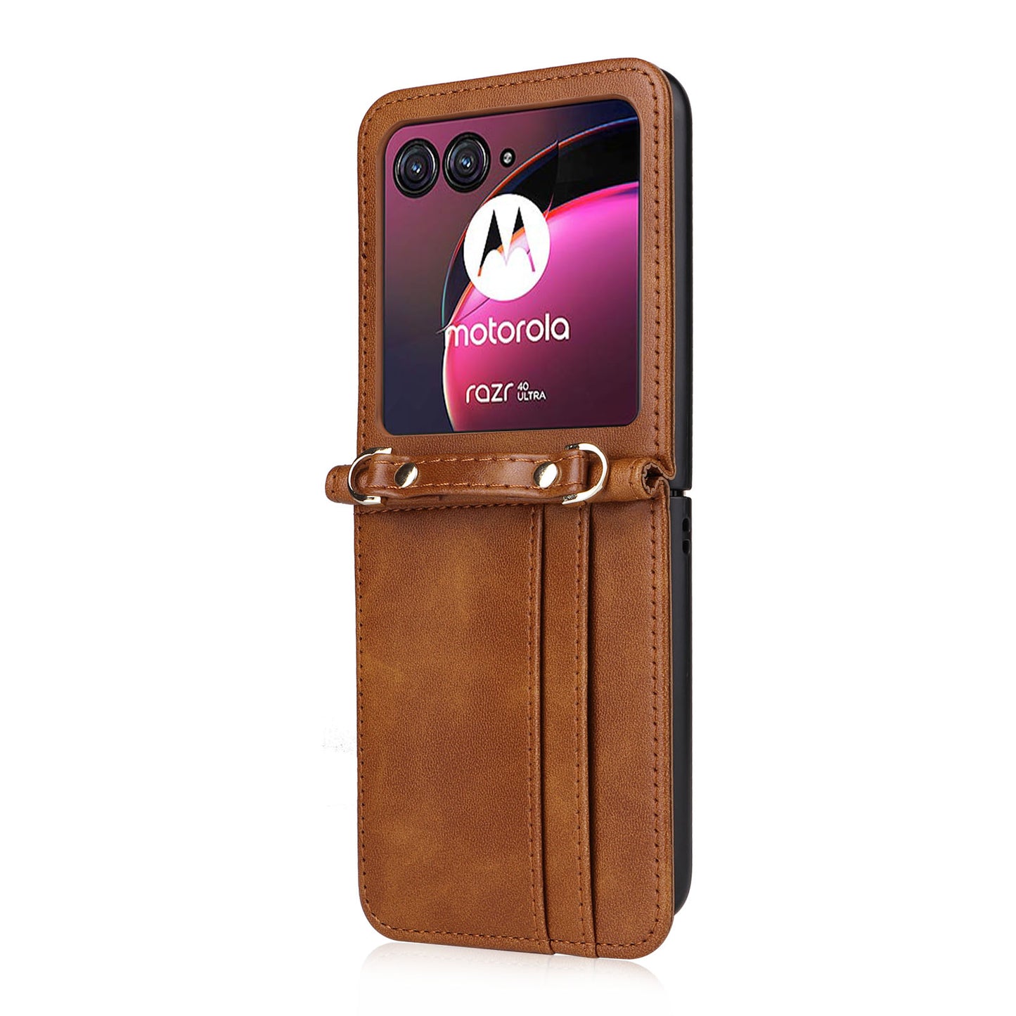 For Motorola Razr 40 Ultra 5G Hard PC + PU Leather Cover One-piece Design Card Slots Phone Case with Lanyard