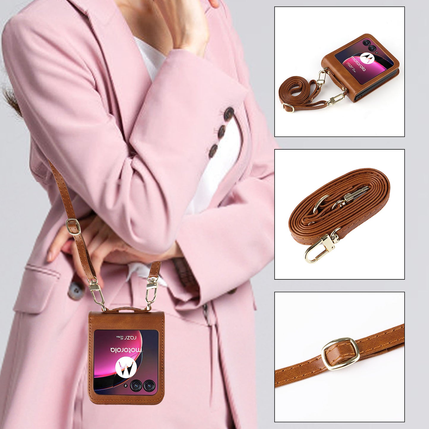 For Motorola Razr 40 Ultra 5G Hard PC + PU Leather Cover One-piece Design Card Slots Phone Case with Lanyard