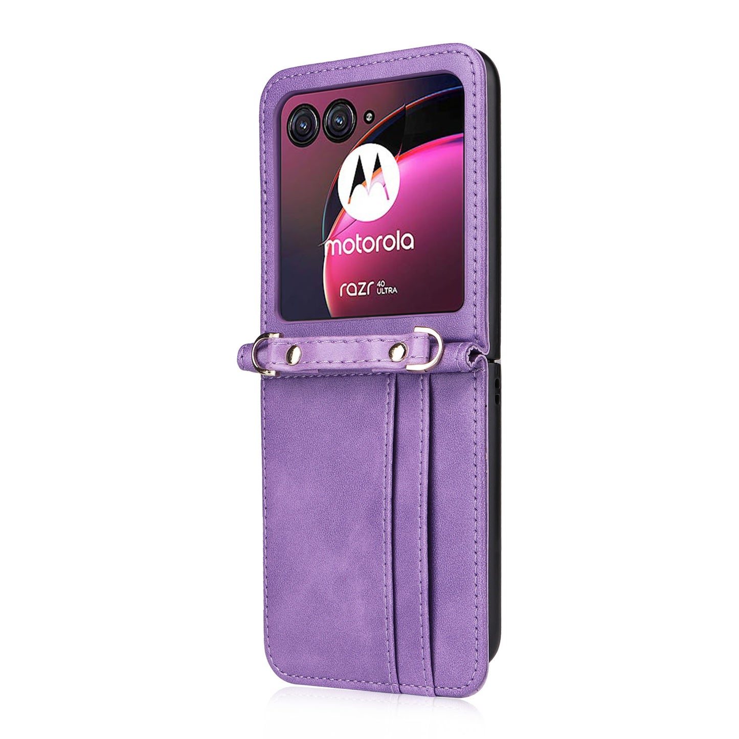 For Motorola Razr 40 Ultra 5G Hard PC + PU Leather Cover One-piece Design Card Slots Phone Case with Lanyard