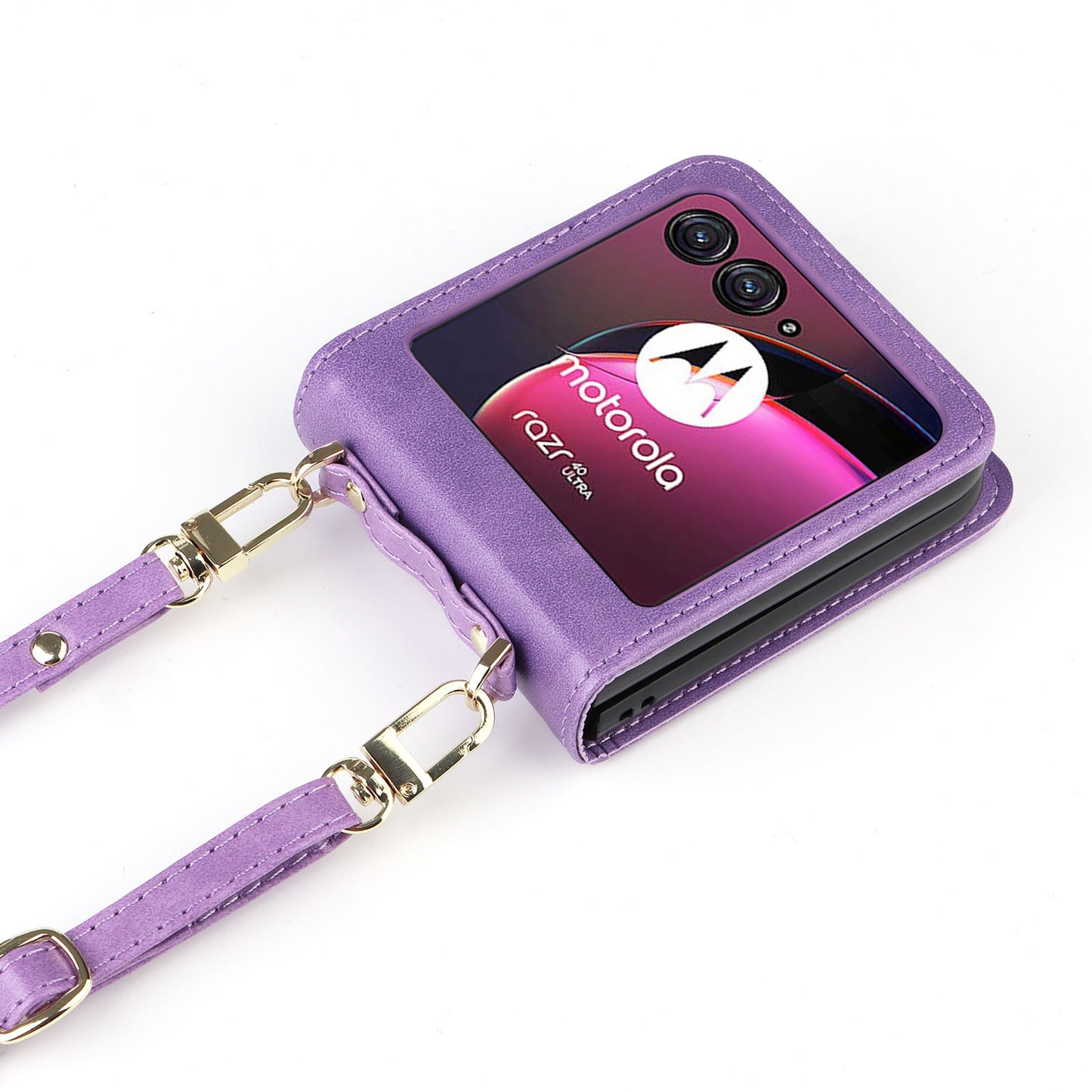 For Motorola Razr 40 Ultra 5G Hard PC + PU Leather Cover One-piece Design Card Slots Phone Case with Lanyard