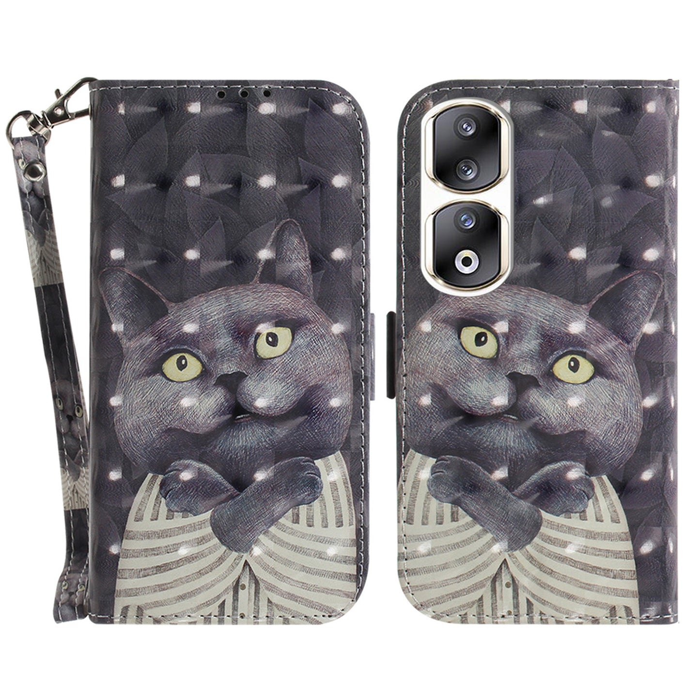 For Honor 90 Pro 3D Pattern Printed Case PU Leather Stand Wallet Phone Cover with Strap