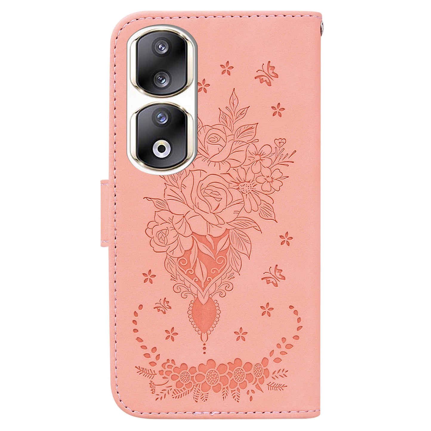 For Honor 90 Pro Shockproof Phone Shell Rose Butterfly Imprinted Wallet Phone Case PU Leather Flip Cover