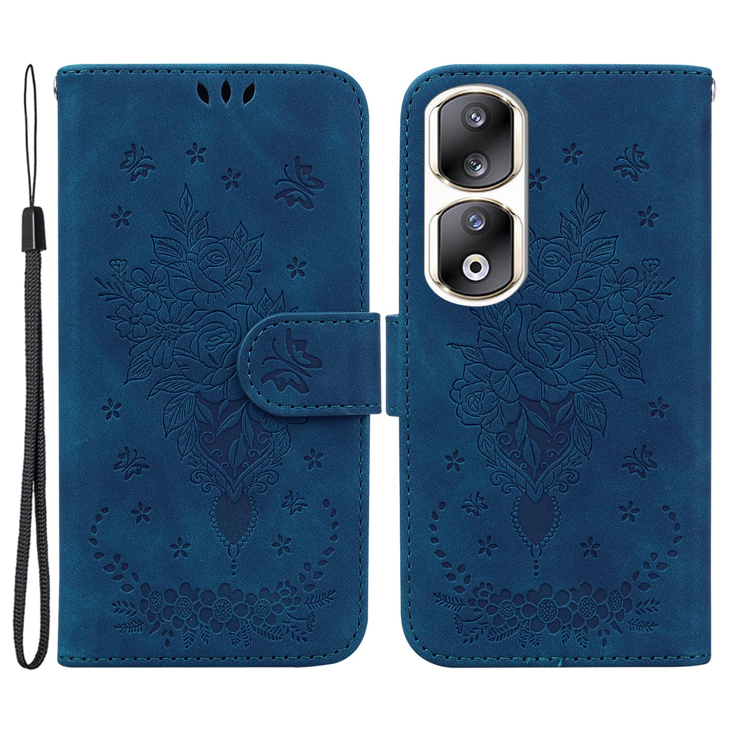 For Honor 90 Pro Shockproof Phone Shell Rose Butterfly Imprinted Wallet Phone Case PU Leather Flip Cover