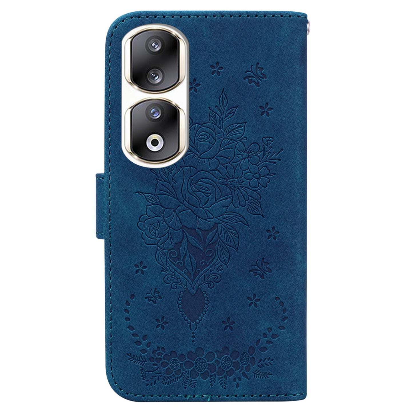 For Honor 90 Pro Shockproof Phone Shell Rose Butterfly Imprinted Wallet Phone Case PU Leather Flip Cover