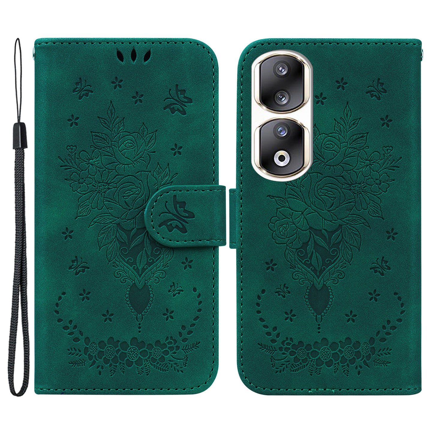 For Honor 90 Pro Shockproof Phone Shell Rose Butterfly Imprinted Wallet Phone Case PU Leather Flip Cover
