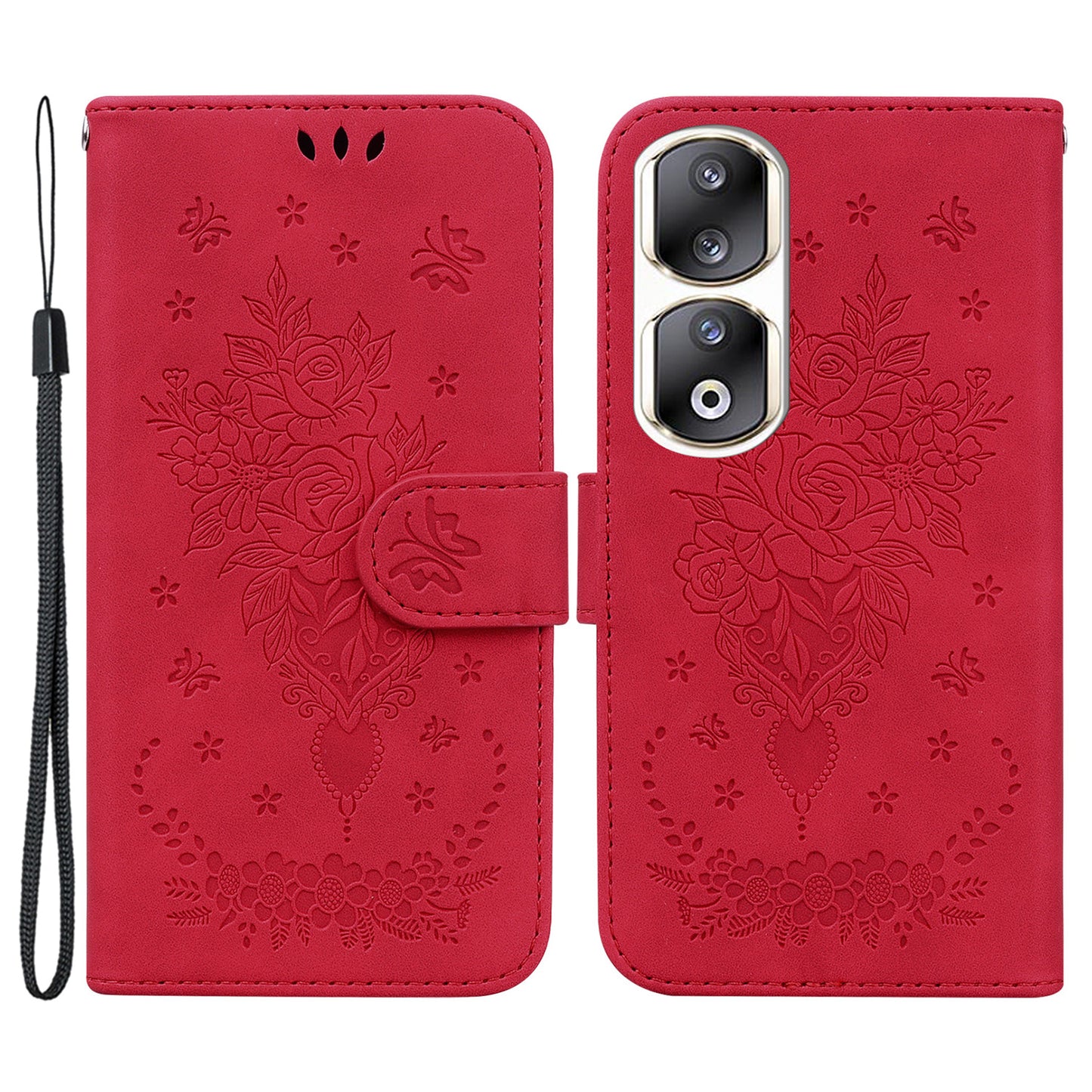 For Honor 90 Pro Shockproof Phone Shell Rose Butterfly Imprinted Wallet Phone Case PU Leather Flip Cover