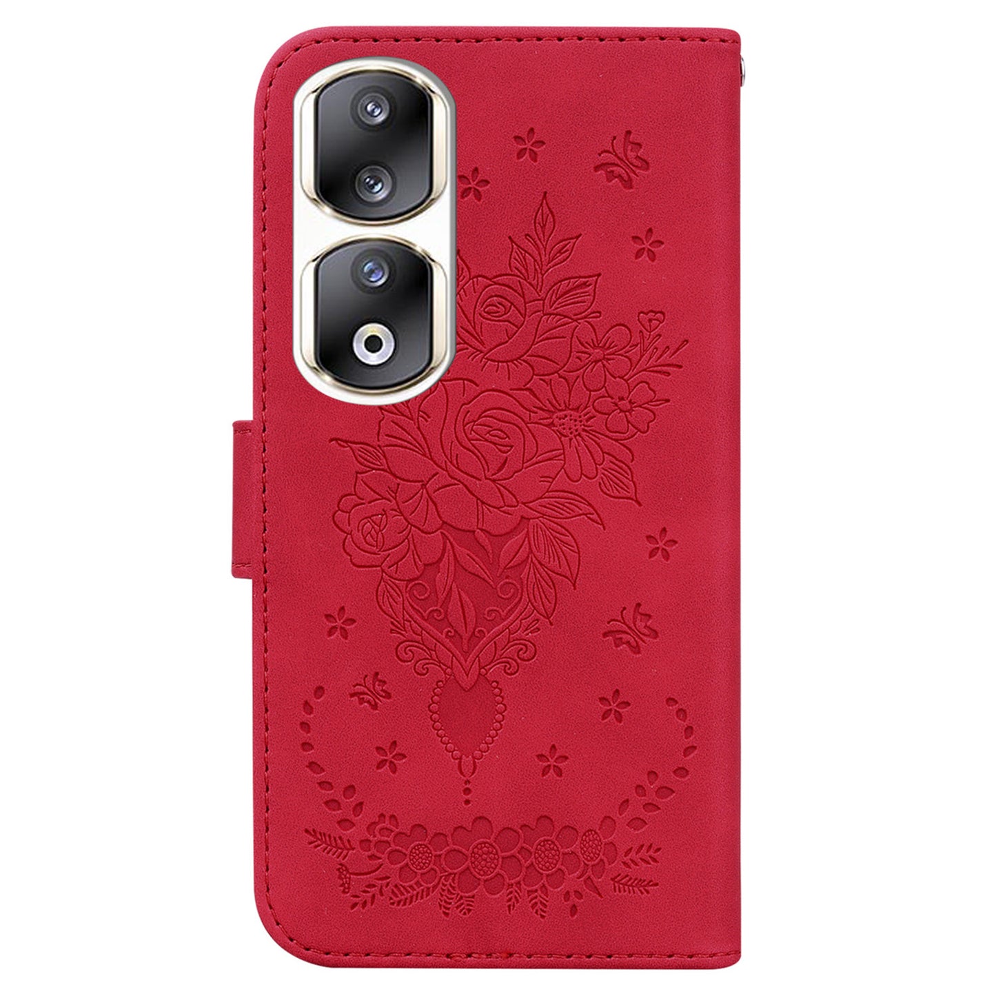 For Honor 90 Pro Shockproof Phone Shell Rose Butterfly Imprinted Wallet Phone Case PU Leather Flip Cover