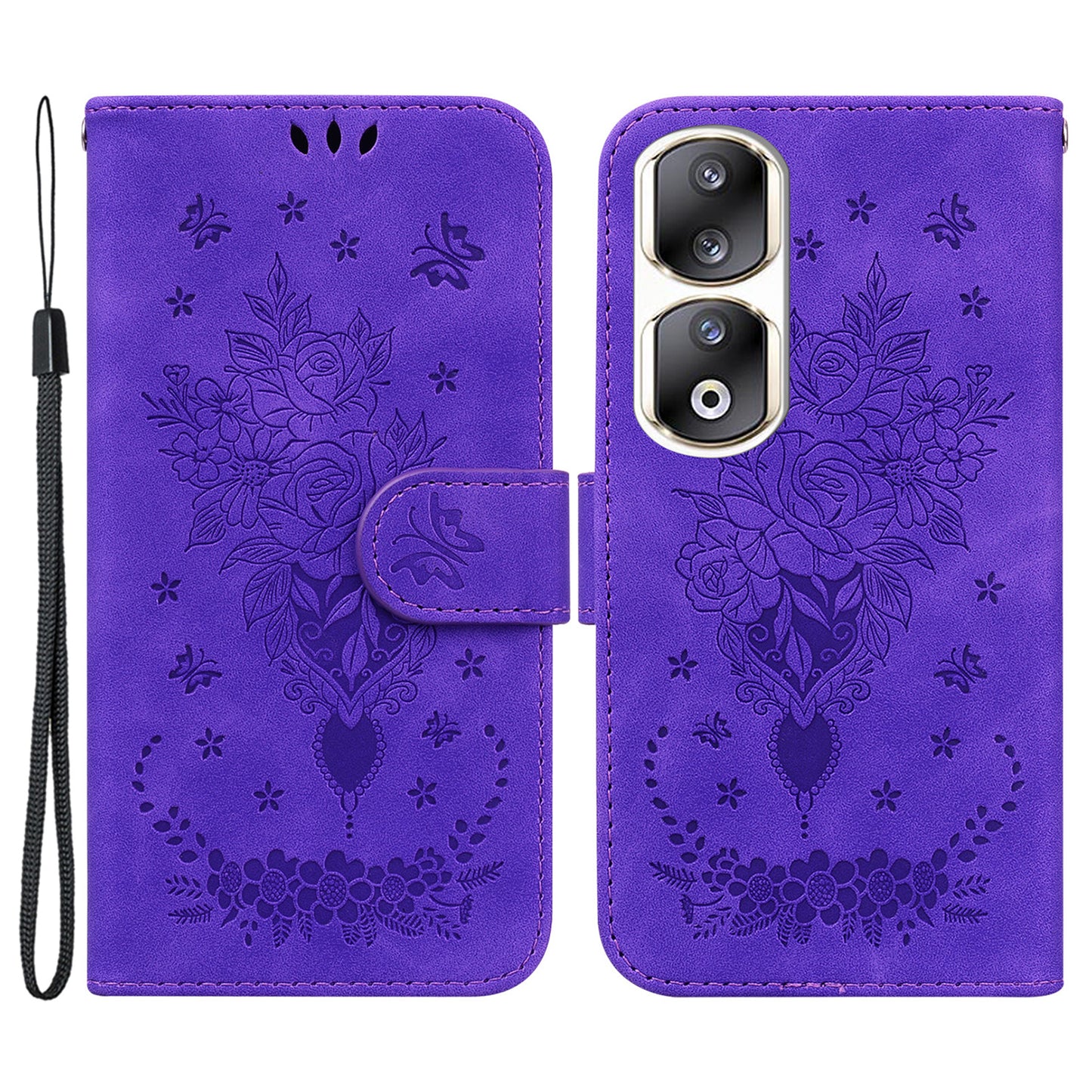 For Honor 90 Pro Shockproof Phone Shell Rose Butterfly Imprinted Wallet Phone Case PU Leather Flip Cover