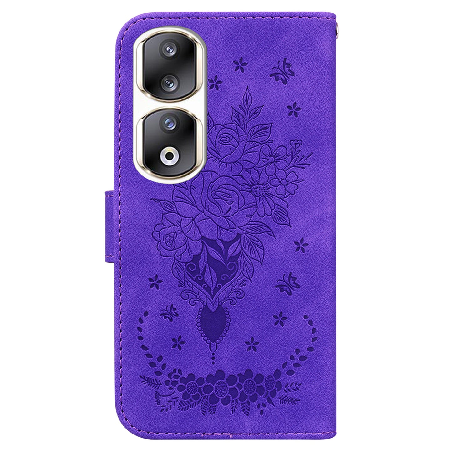 For Honor 90 Pro Shockproof Phone Shell Rose Butterfly Imprinted Wallet Phone Case PU Leather Flip Cover