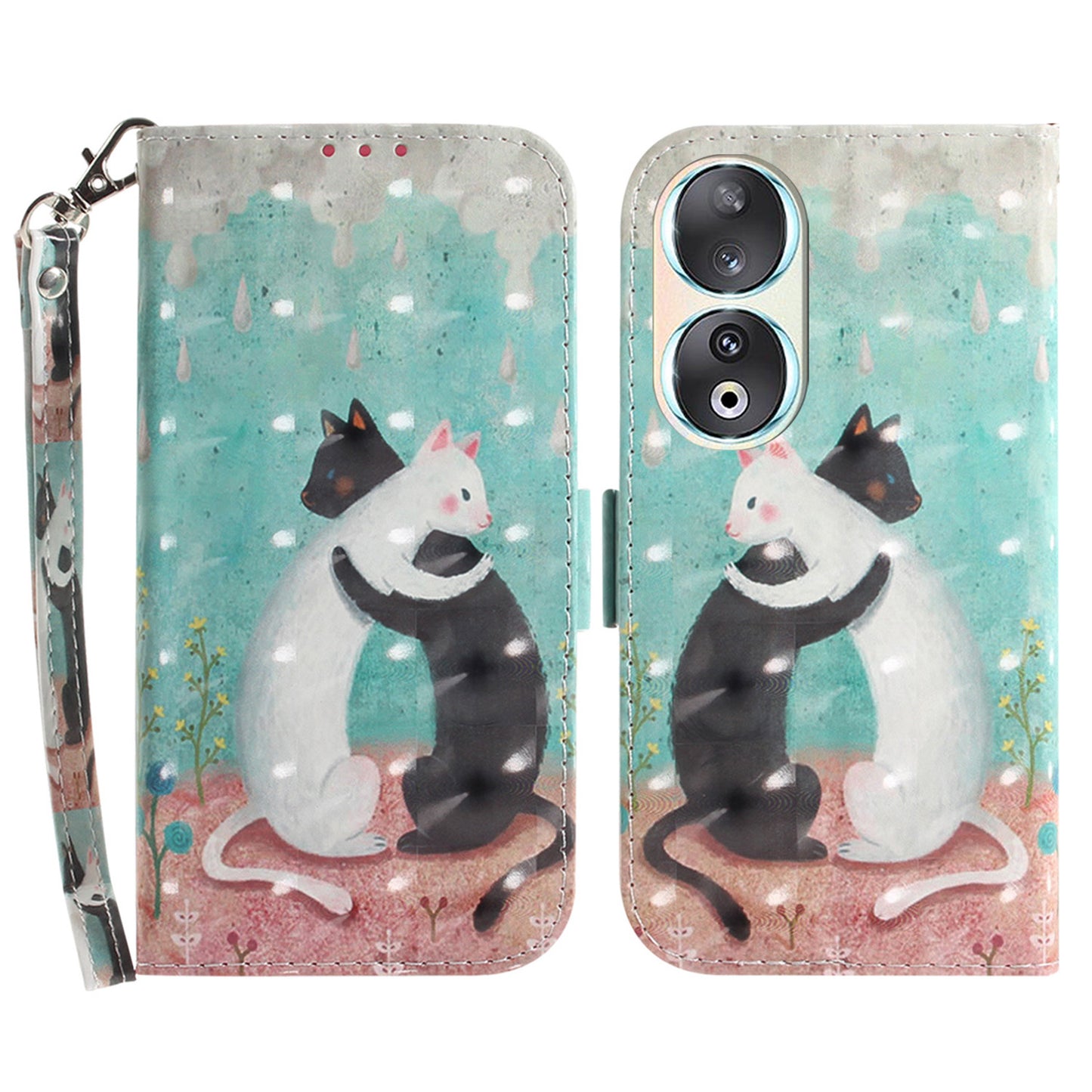 For Honor 90 PU Leather 3D Pattern Printed Phone Case Stand Wallet Drop-proof Cover with Strap