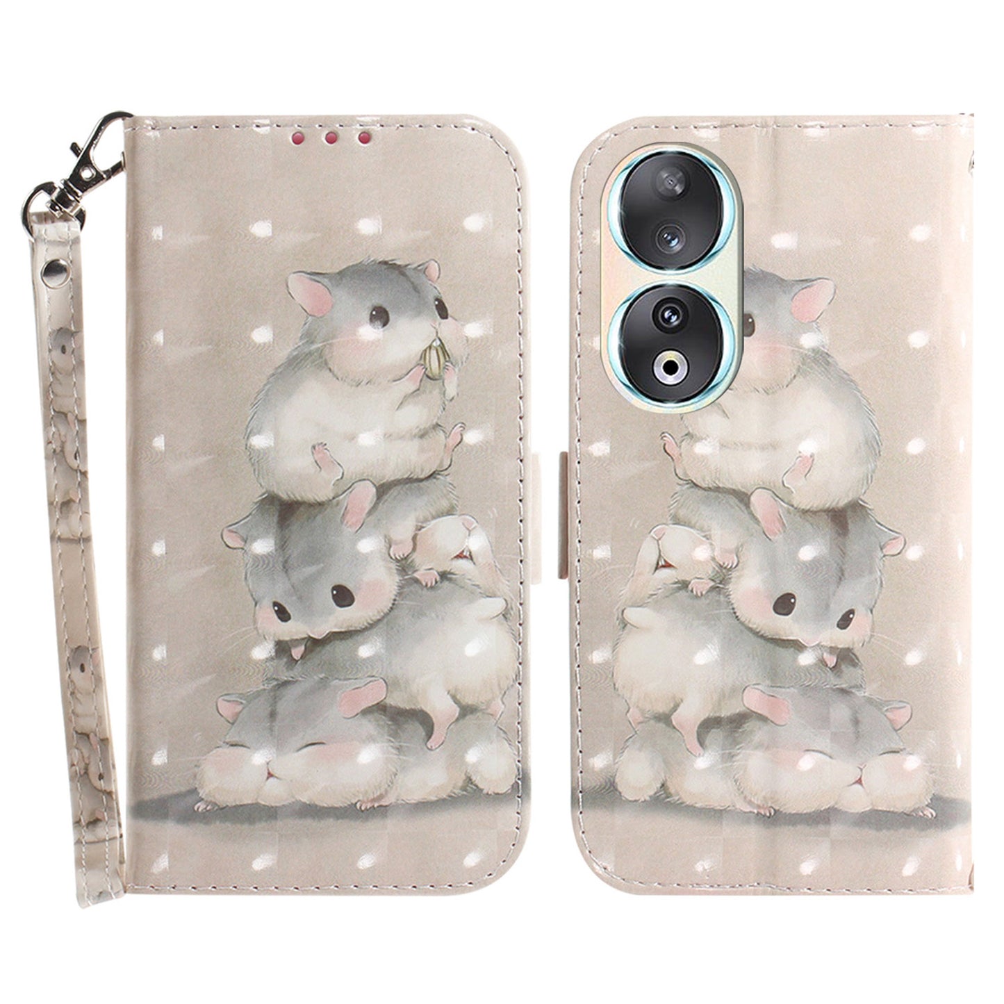 For Honor 90 PU Leather 3D Pattern Printed Phone Case Stand Wallet Drop-proof Cover with Strap