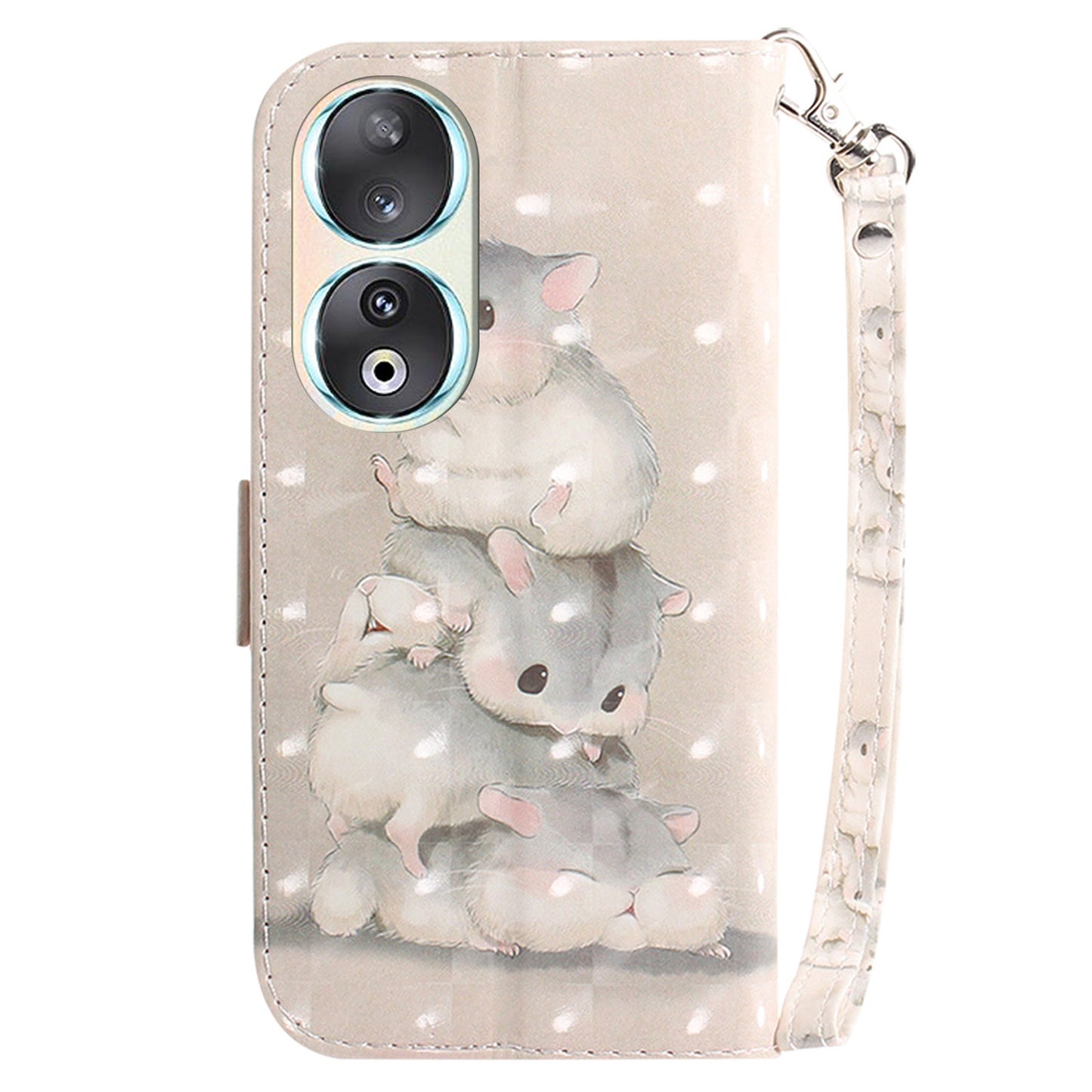 For Honor 90 PU Leather 3D Pattern Printed Phone Case Stand Wallet Drop-proof Cover with Strap