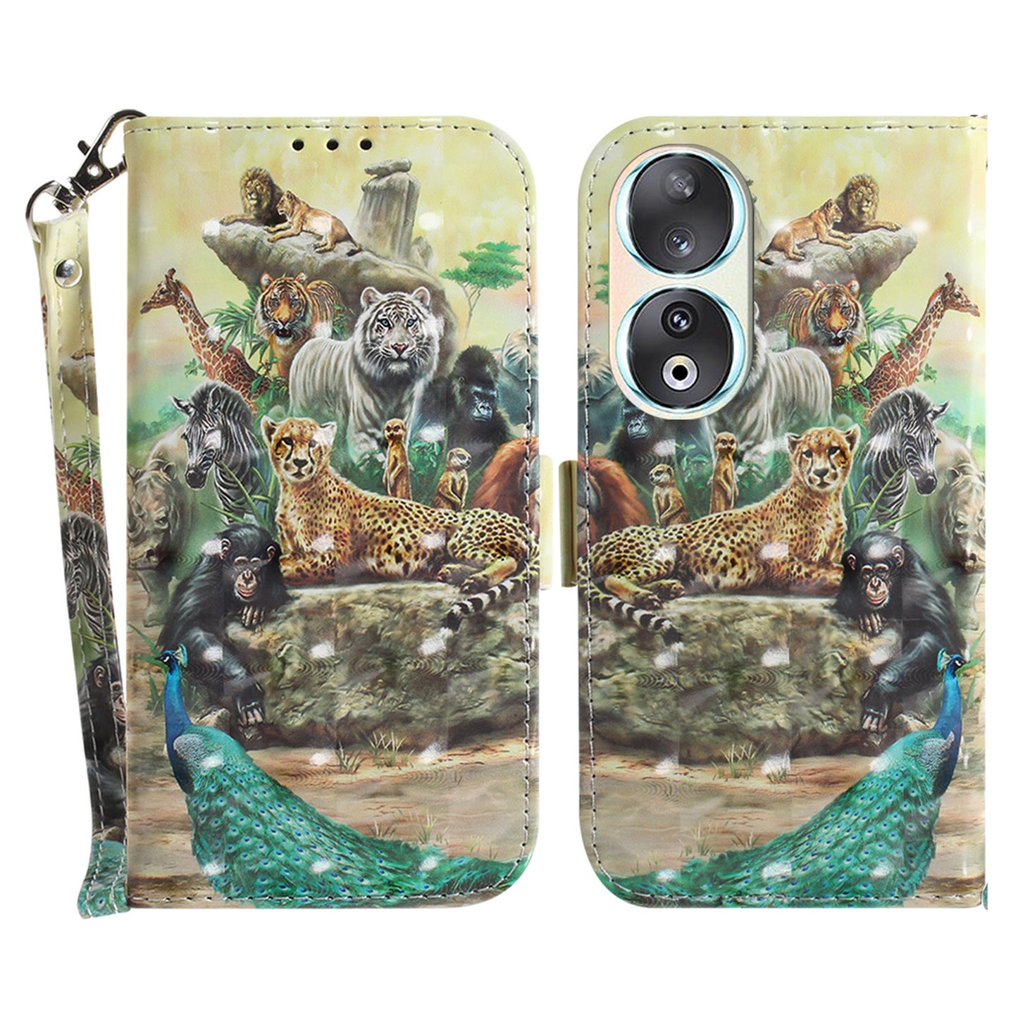 For Honor 90 PU Leather 3D Pattern Printed Phone Case Stand Wallet Drop-proof Cover with Strap
