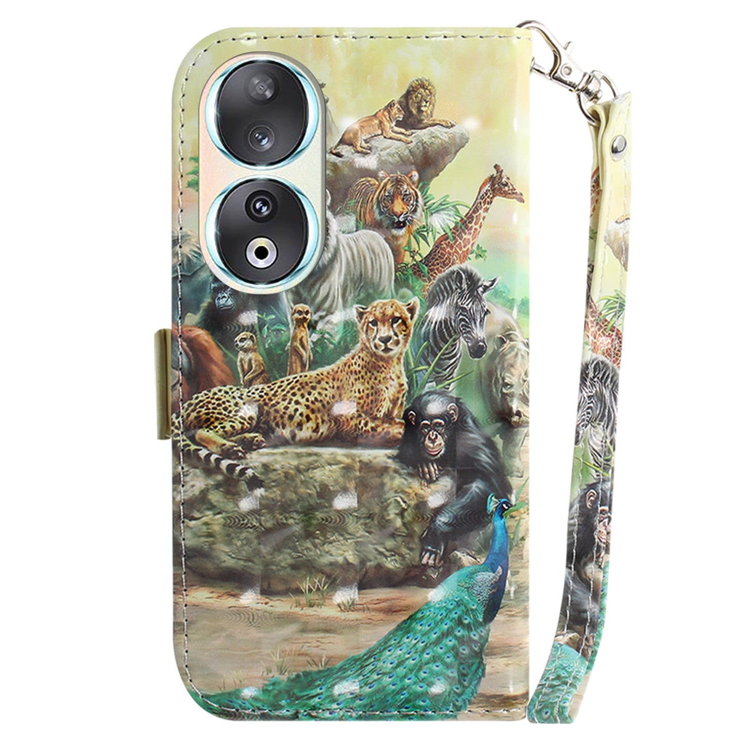 For Honor 90 PU Leather 3D Pattern Printed Phone Case Stand Wallet Drop-proof Cover with Strap