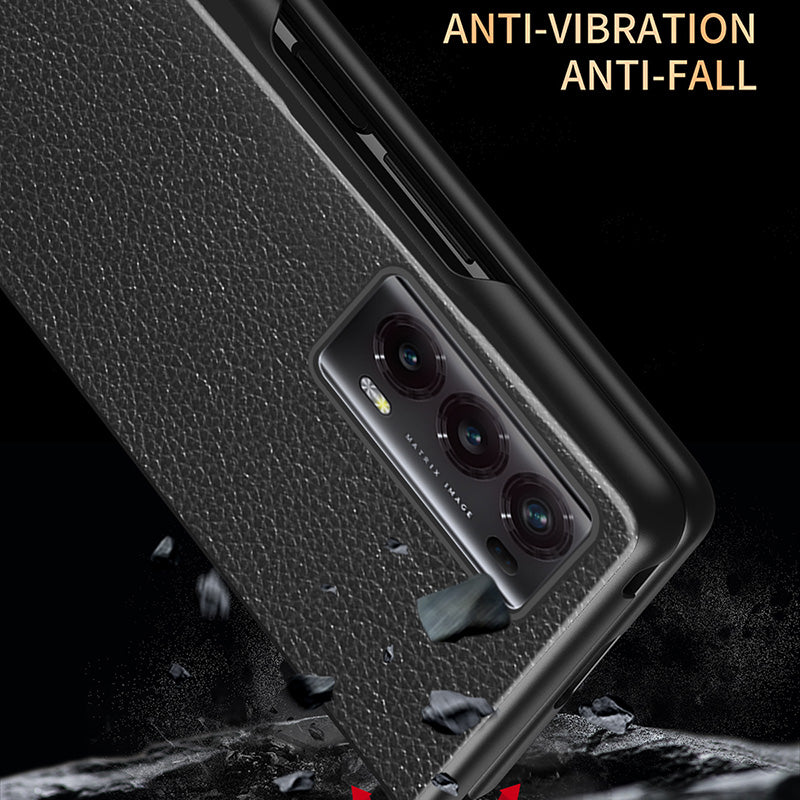 For Honor Magic V2 5G PU Leather Coated PC Phone Case Litchi Texture Rubberized Shockproof Cover