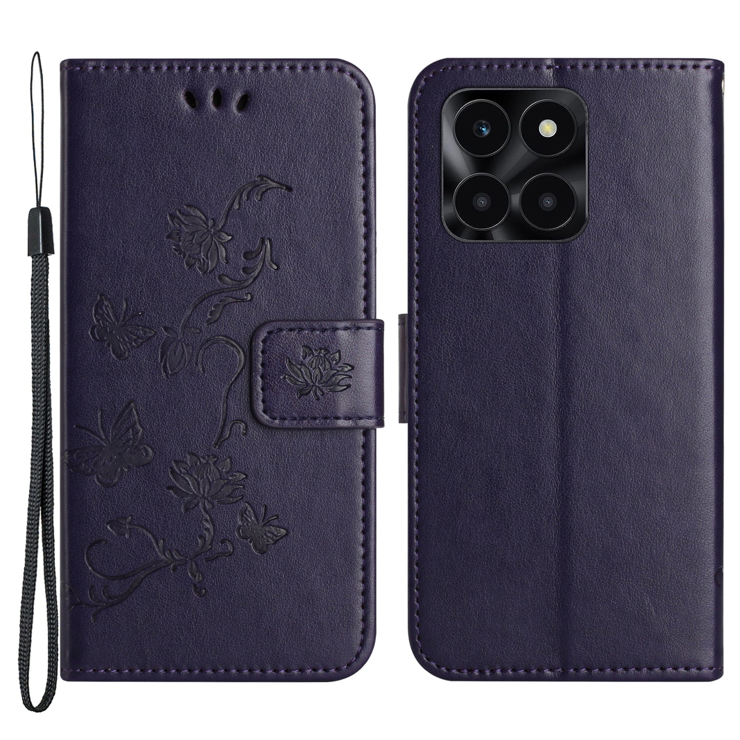 For Honor X6a 4G PU Leather Wallet Phone Case Butterfly Flower Imprinted Stand Cover