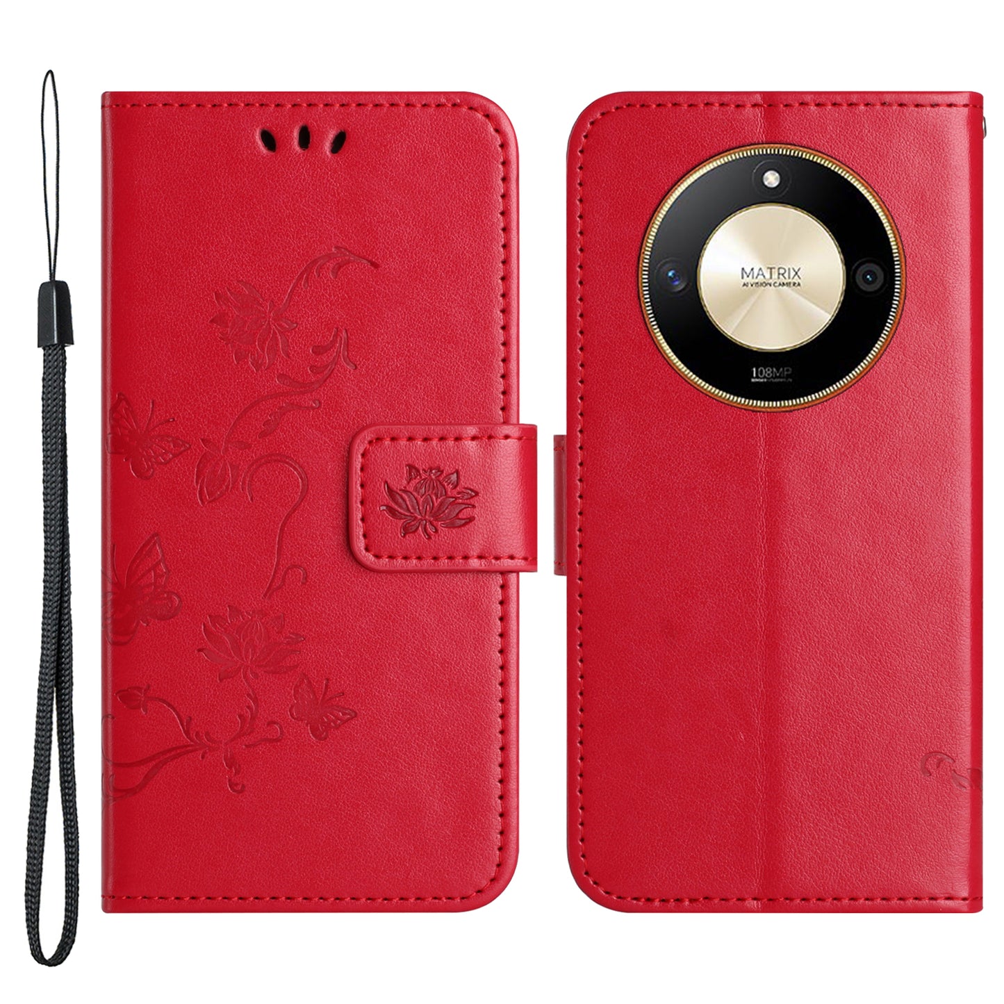 For Honor X50 Butterfly Flower Imprinted Drop-proof Phone Case PU Leather Wallet Stand Cover