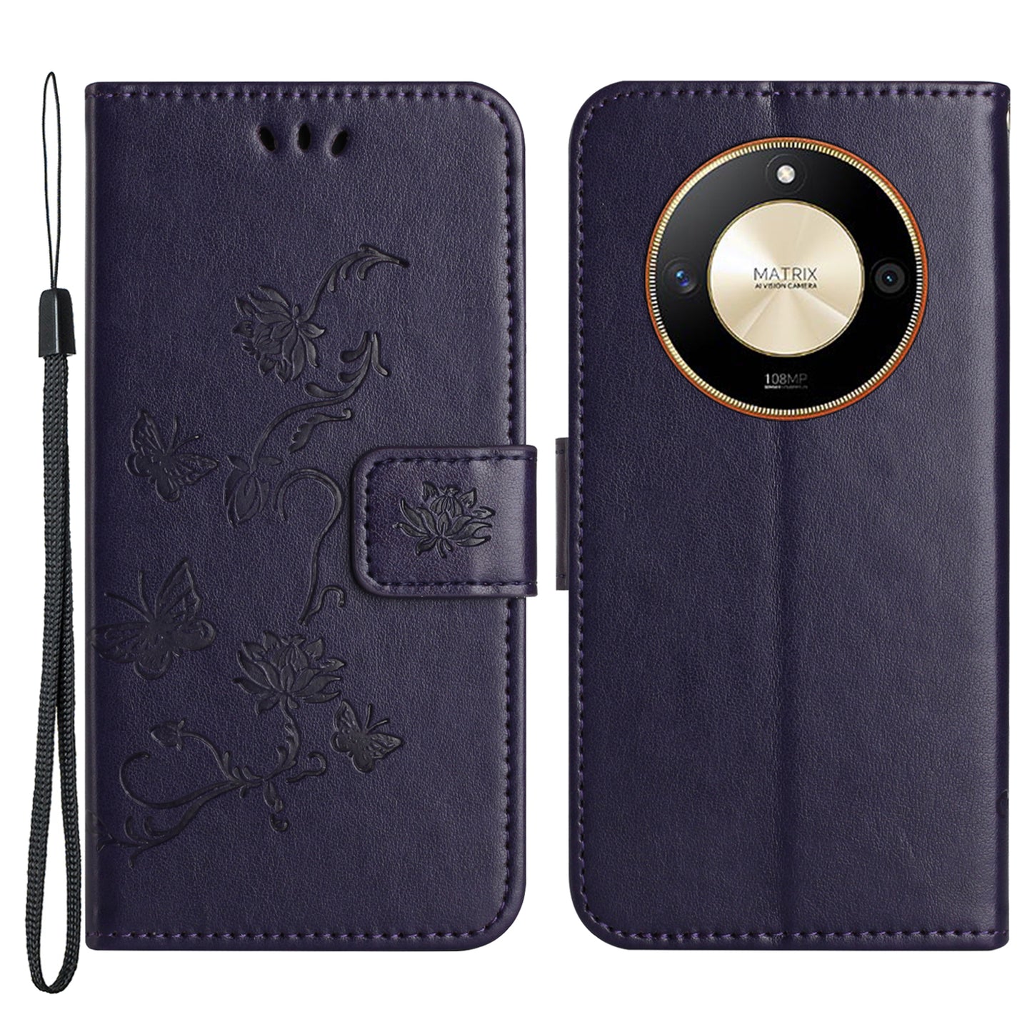 For Honor X50 Butterfly Flower Imprinted Drop-proof Phone Case PU Leather Wallet Stand Cover