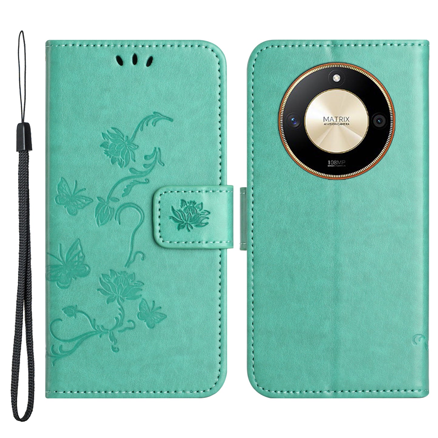 For Honor X50 Butterfly Flower Imprinted Drop-proof Phone Case PU Leather Wallet Stand Cover