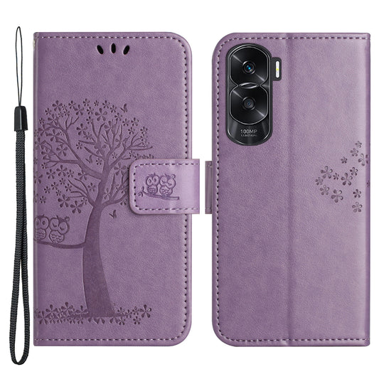 For Honor 90 Lite 5G / X50i 5G Leather Flip Stand Cover Owl Tree Imprinted Wallet Phone Case