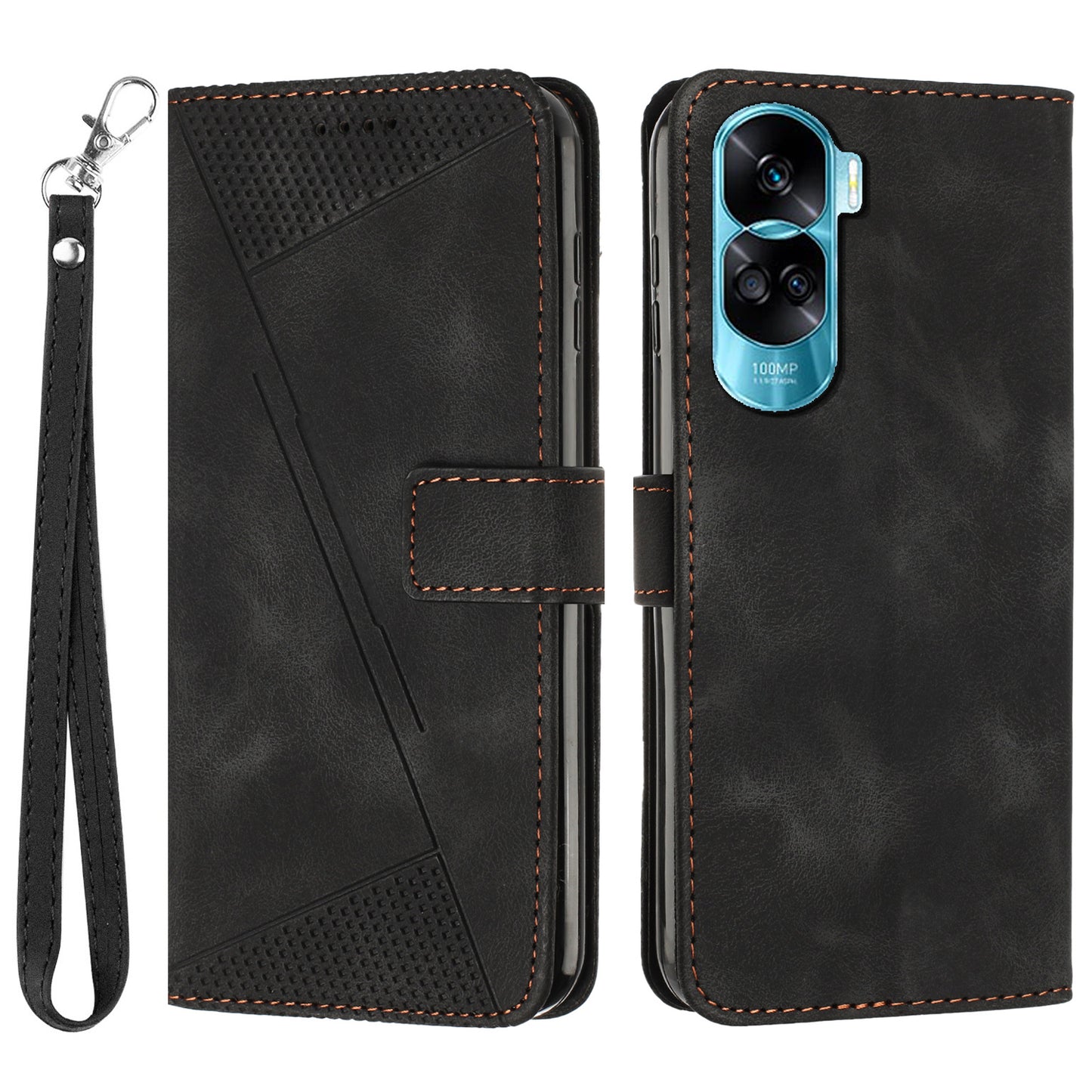 For Honor 90 Lite 5G / X50i 5G Leather Cell Phone Cover Triangle Imprinted Wallet Stand Case with Hand Strap