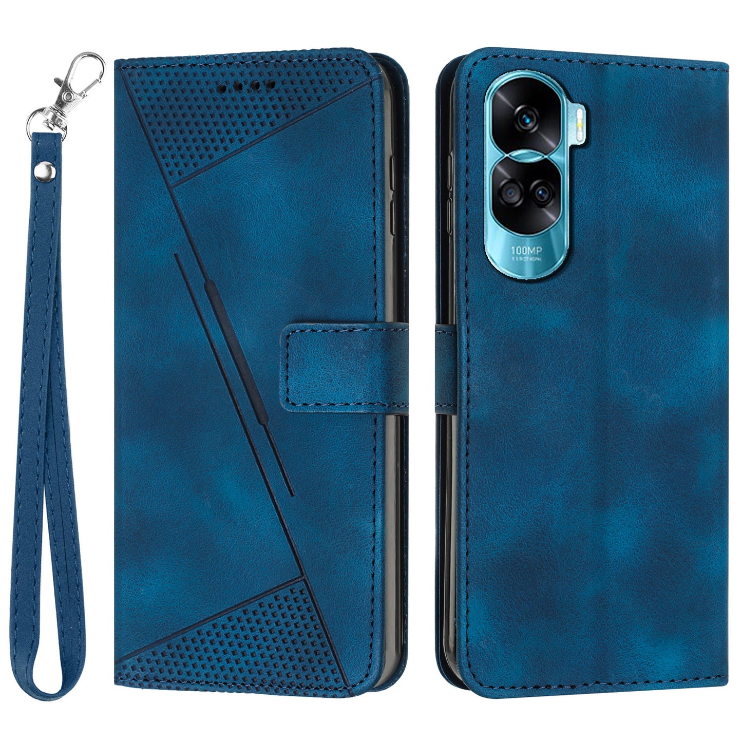 For Honor 90 Lite 5G / X50i 5G Leather Cell Phone Cover Triangle Imprinted Wallet Stand Case with Hand Strap