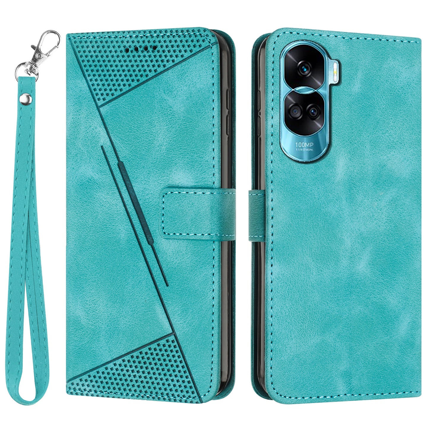 For Honor 90 Lite 5G / X50i 5G Leather Cell Phone Cover Triangle Imprinted Wallet Stand Case with Hand Strap