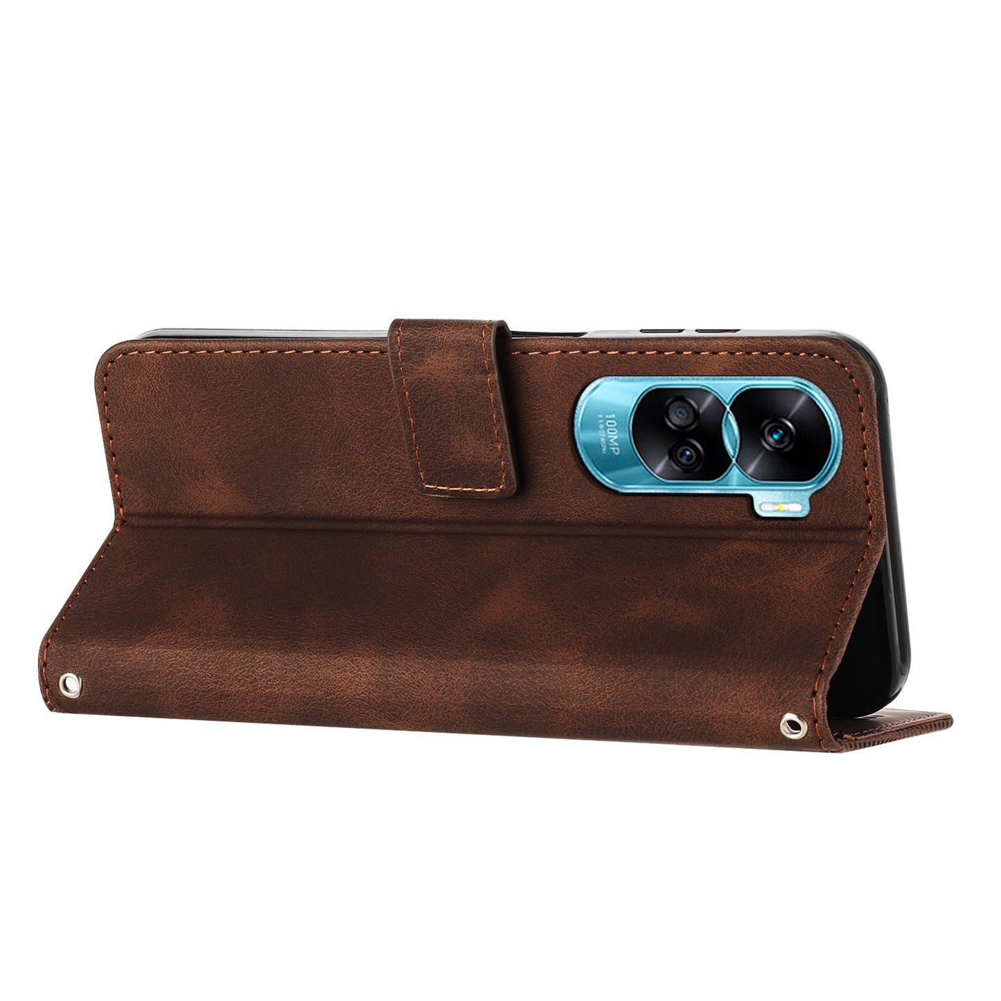 For Honor 90 Lite 5G / X50i 5G Leather Cell Phone Cover Triangle Imprinted Wallet Stand Case with Hand Strap