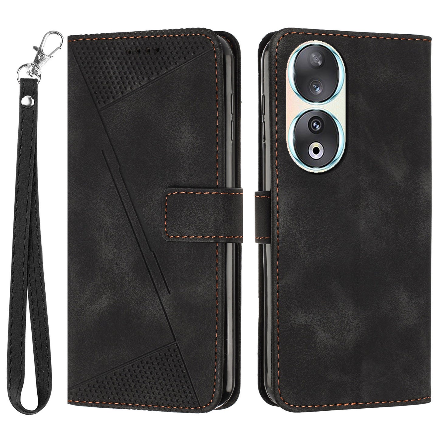 For Honor 90 Leather Wallet Anti-drop Phone Cover Triangle Imprint Folding Stand Shell with Strap