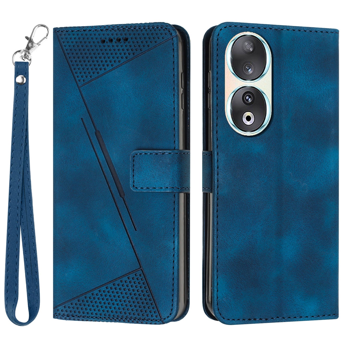 For Honor 90 Leather Wallet Anti-drop Phone Cover Triangle Imprint Folding Stand Shell with Strap