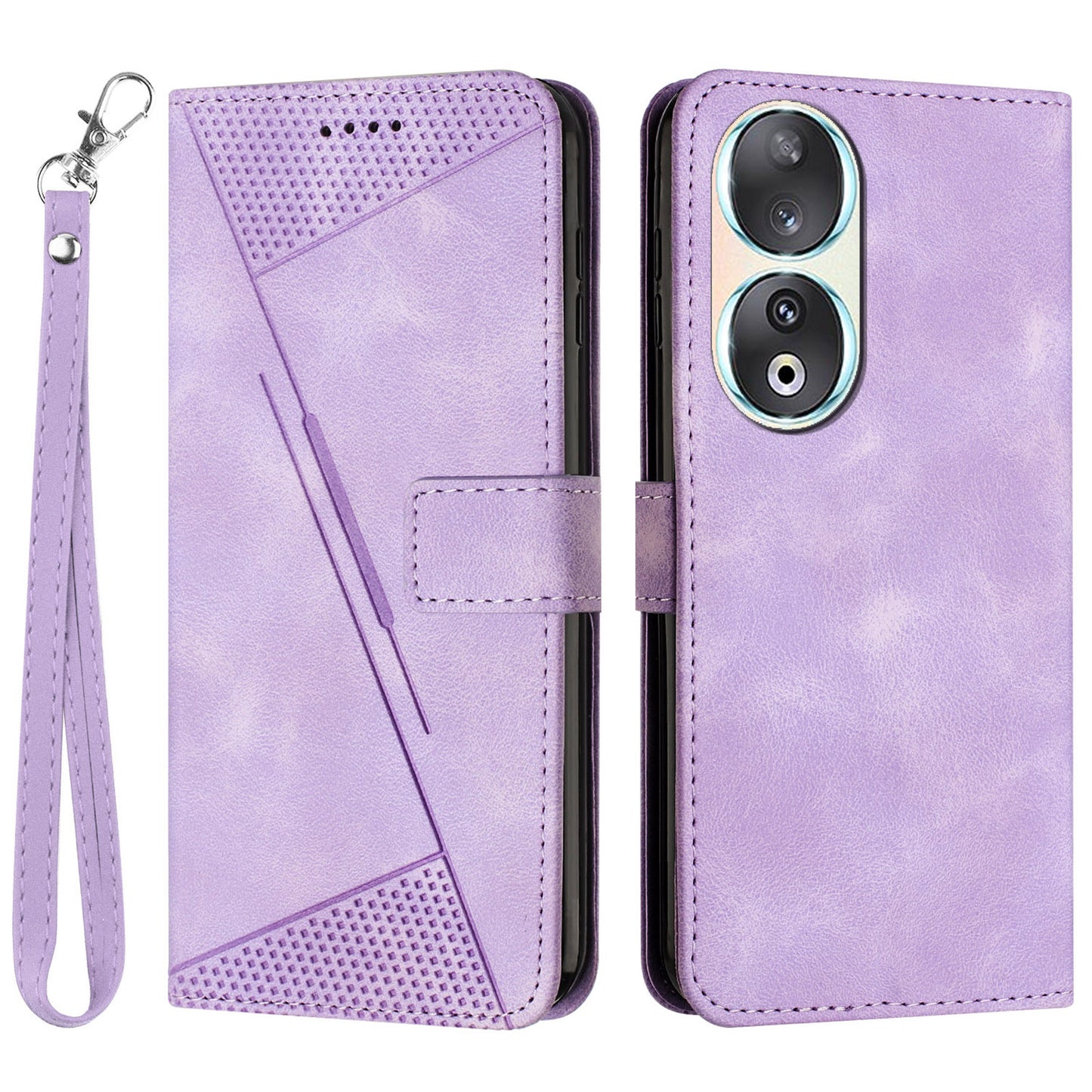 For Honor 90 Leather Wallet Anti-drop Phone Cover Triangle Imprint Folding Stand Shell with Strap