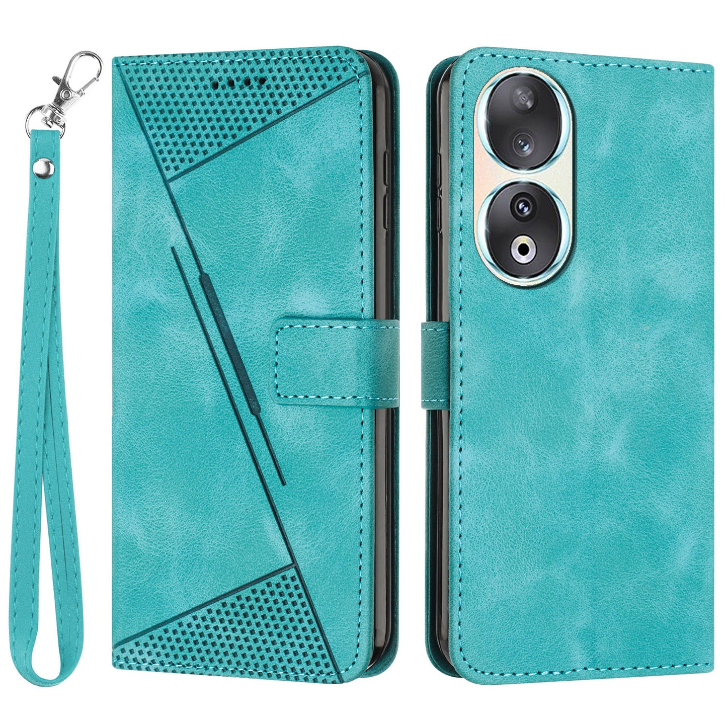 For Honor 90 Leather Wallet Anti-drop Phone Cover Triangle Imprint Folding Stand Shell with Strap