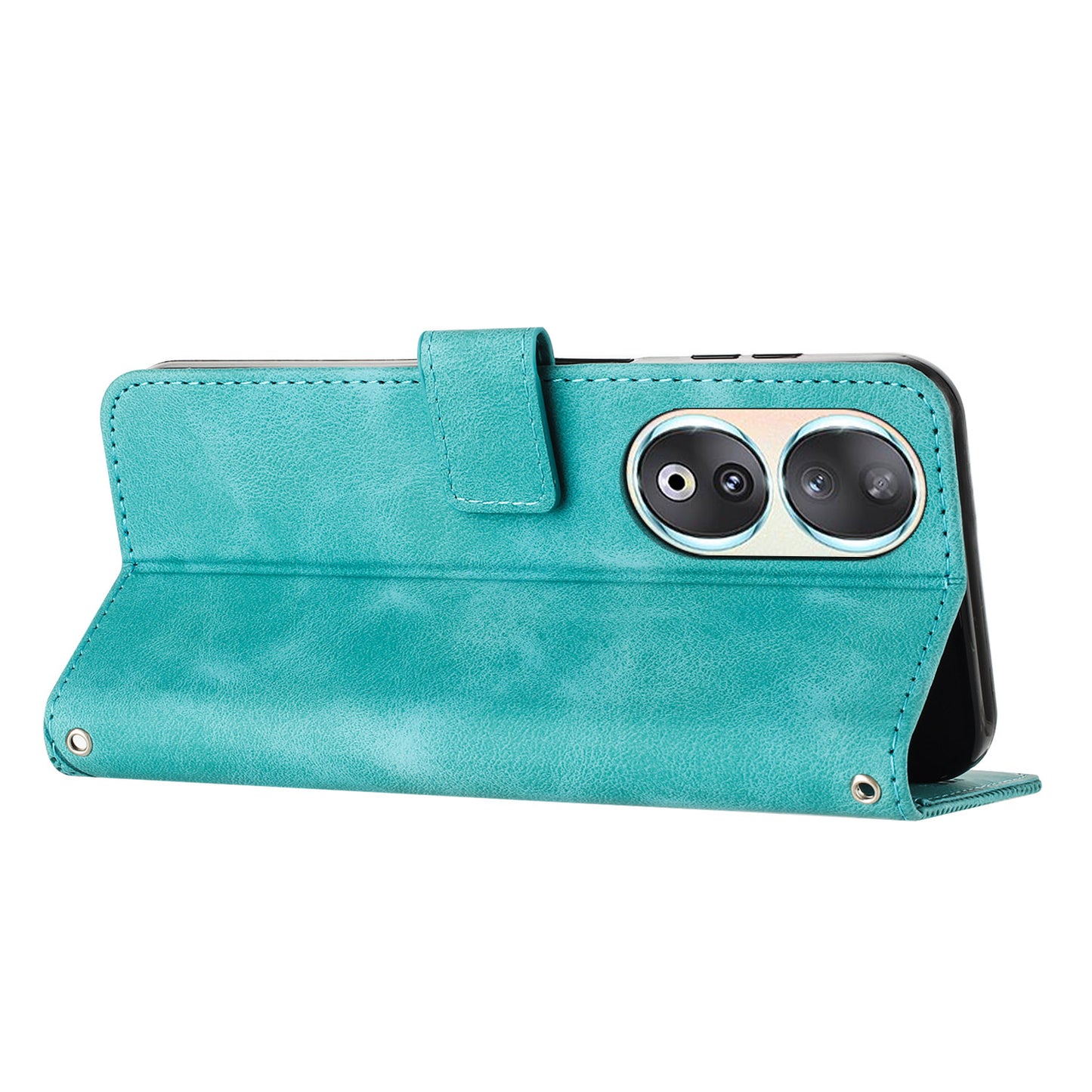 For Honor 90 Leather Wallet Anti-drop Phone Cover Triangle Imprint Folding Stand Shell with Strap