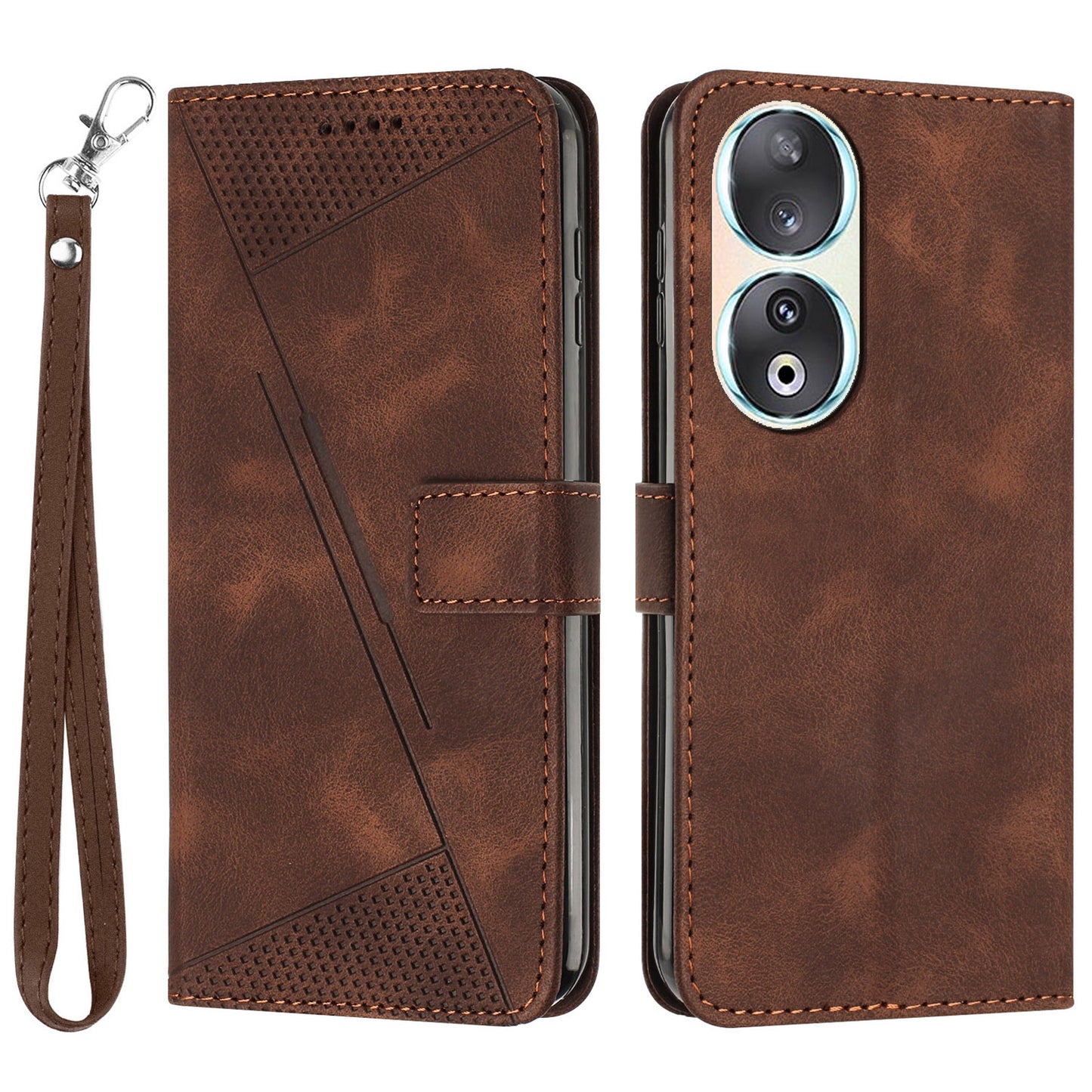 For Honor 90 Leather Wallet Anti-drop Phone Cover Triangle Imprint Folding Stand Shell with Strap