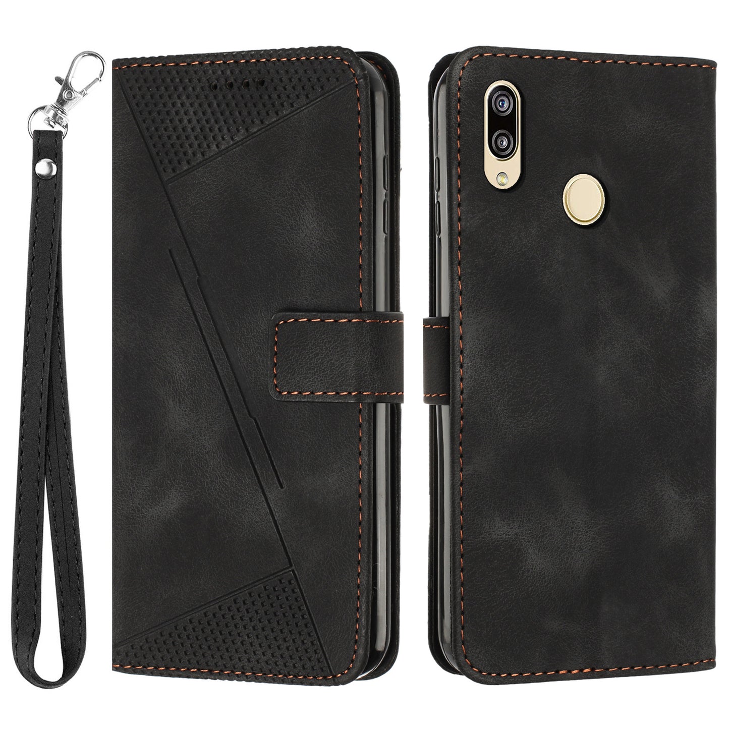 For Honor 8X / 9X Lite Triangle Imprinted Anti-fall Cover Leather Wallet Stand Cell Phone Case with Strap