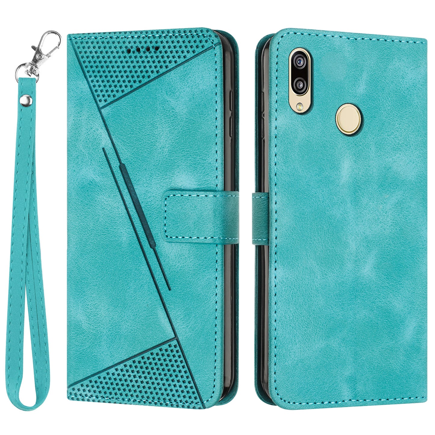 For Honor 8X / 9X Lite Triangle Imprinted Anti-fall Cover Leather Wallet Stand Cell Phone Case with Strap
