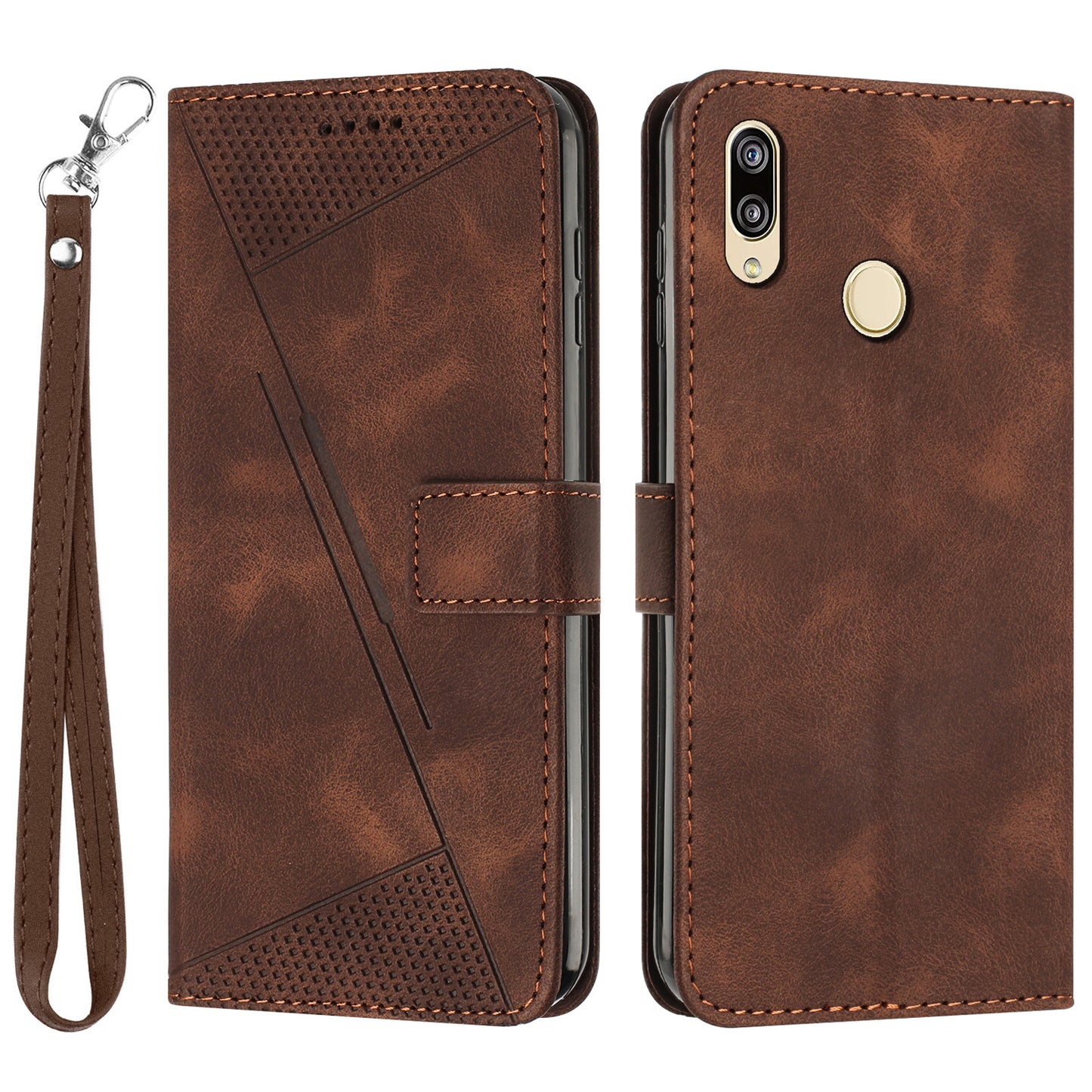 For Honor 8X / 9X Lite Triangle Imprinted Anti-fall Cover Leather Wallet Stand Cell Phone Case with Strap