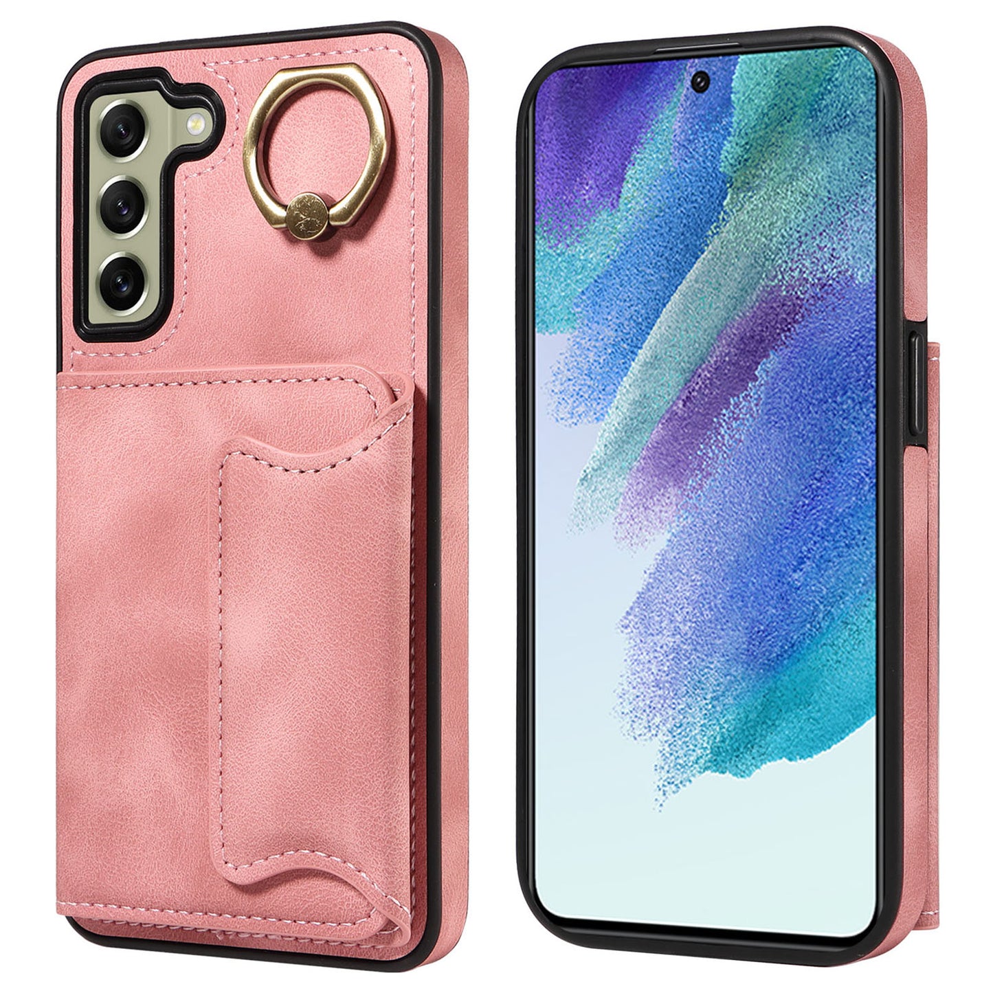 001 For Samsung Galaxy S21 FE 5G PU Leather+TPU Cover Card Holder Phone Case with Ring Kickstand