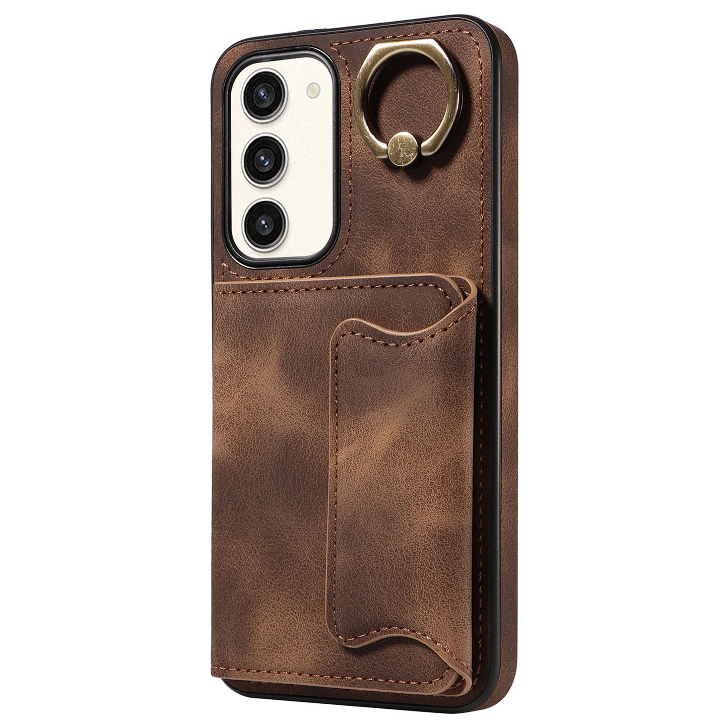 001 For Samsung Galaxy S23+ Card Holder Back Cover Ring Kickstand PU Leather Coated TPU Phone Case