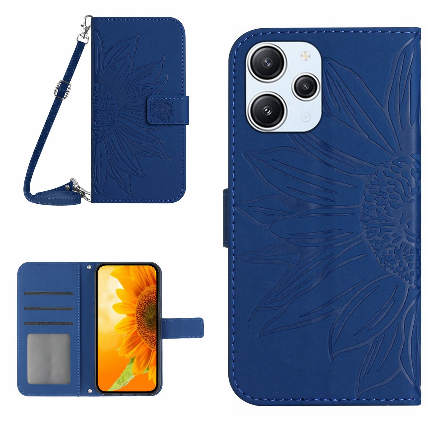 HT04 For Xiaomi Redmi 12 5G / Poco M6 Pro 5G Leather Wallet Phone Case Sunflower Imprint Stand Cover with Shoulder Strap