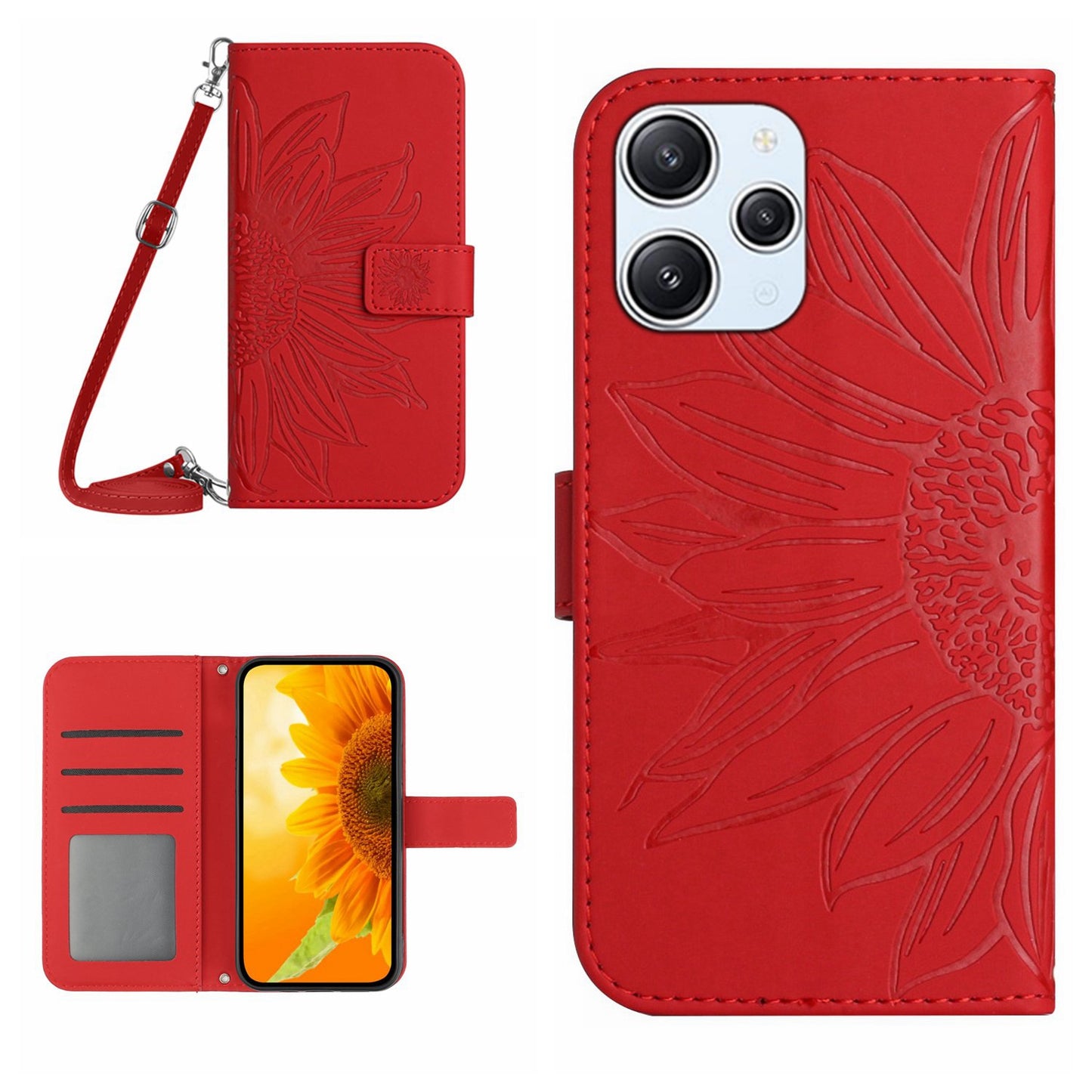 HT04 For Xiaomi Redmi 12 5G / Poco M6 Pro 5G Leather Wallet Phone Case Sunflower Imprint Stand Cover with Shoulder Strap